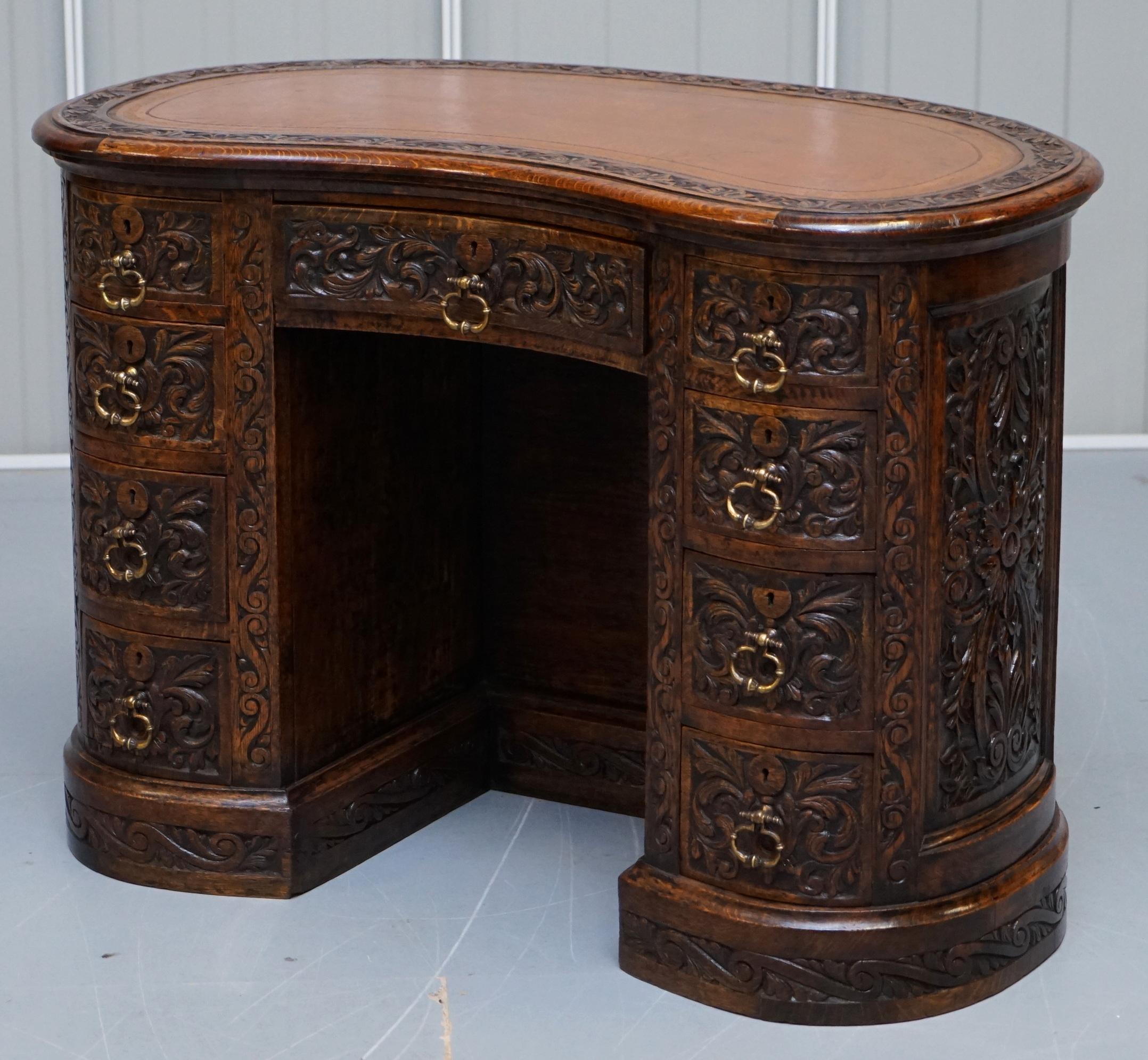 Hand-Crafted Rare 19th Century Restored English Oak Brown Leather Kidney Desk Gothic Jacobean