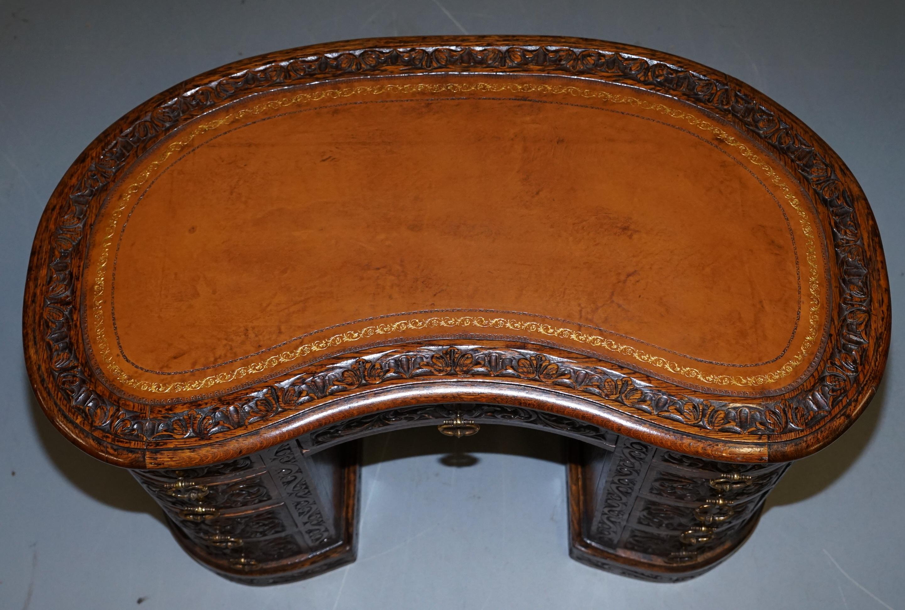 Rare 19th Century Restored English Oak Brown Leather Kidney Desk Gothic Jacobean 1