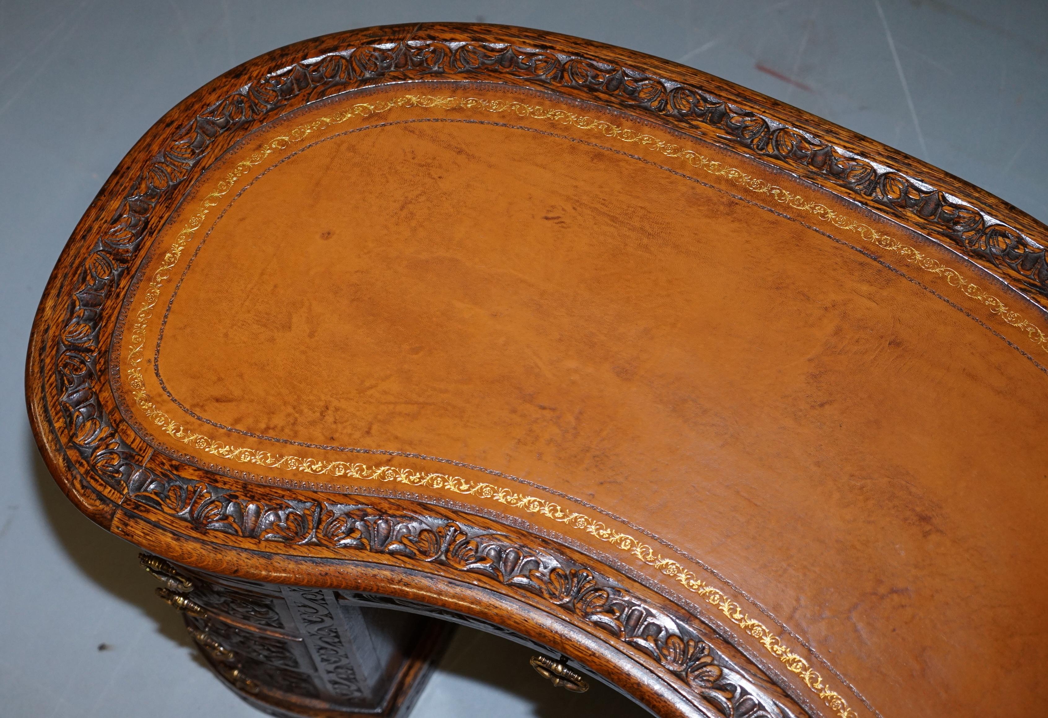 Rare 19th Century Restored English Oak Brown Leather Kidney Desk Gothic Jacobean 2