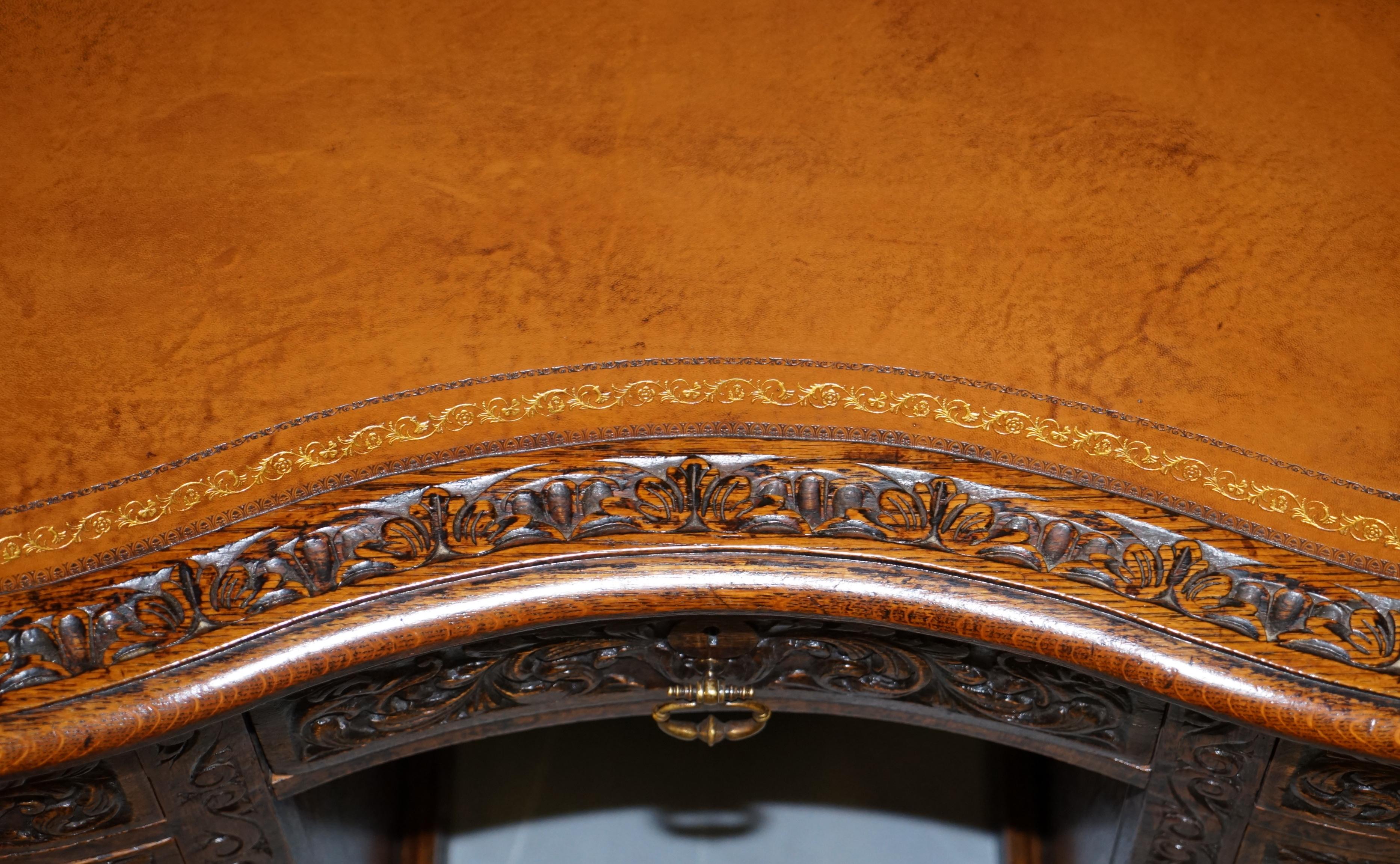 Rare 19th Century Restored English Oak Brown Leather Kidney Desk Gothic Jacobean 3