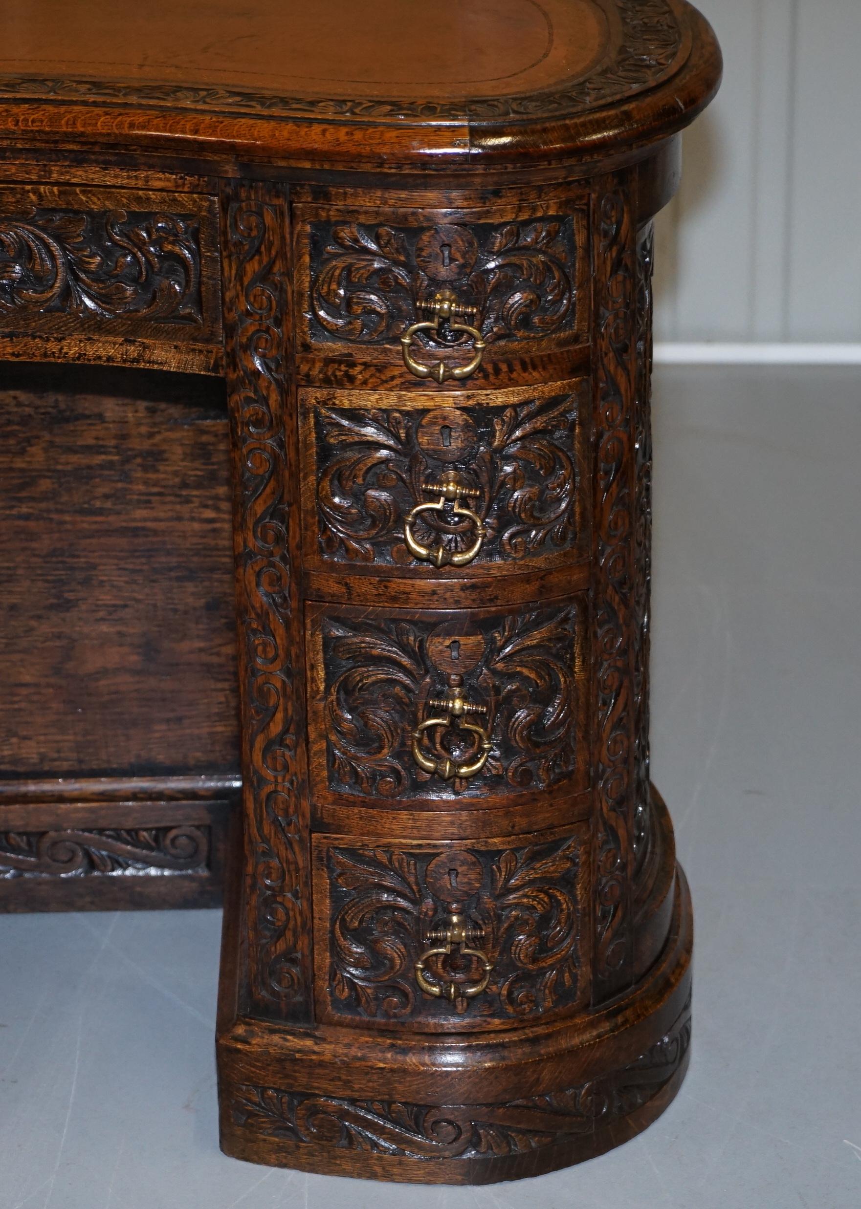 Rare 19th Century Restored English Oak Brown Leather Kidney Desk Gothic Jacobean 4