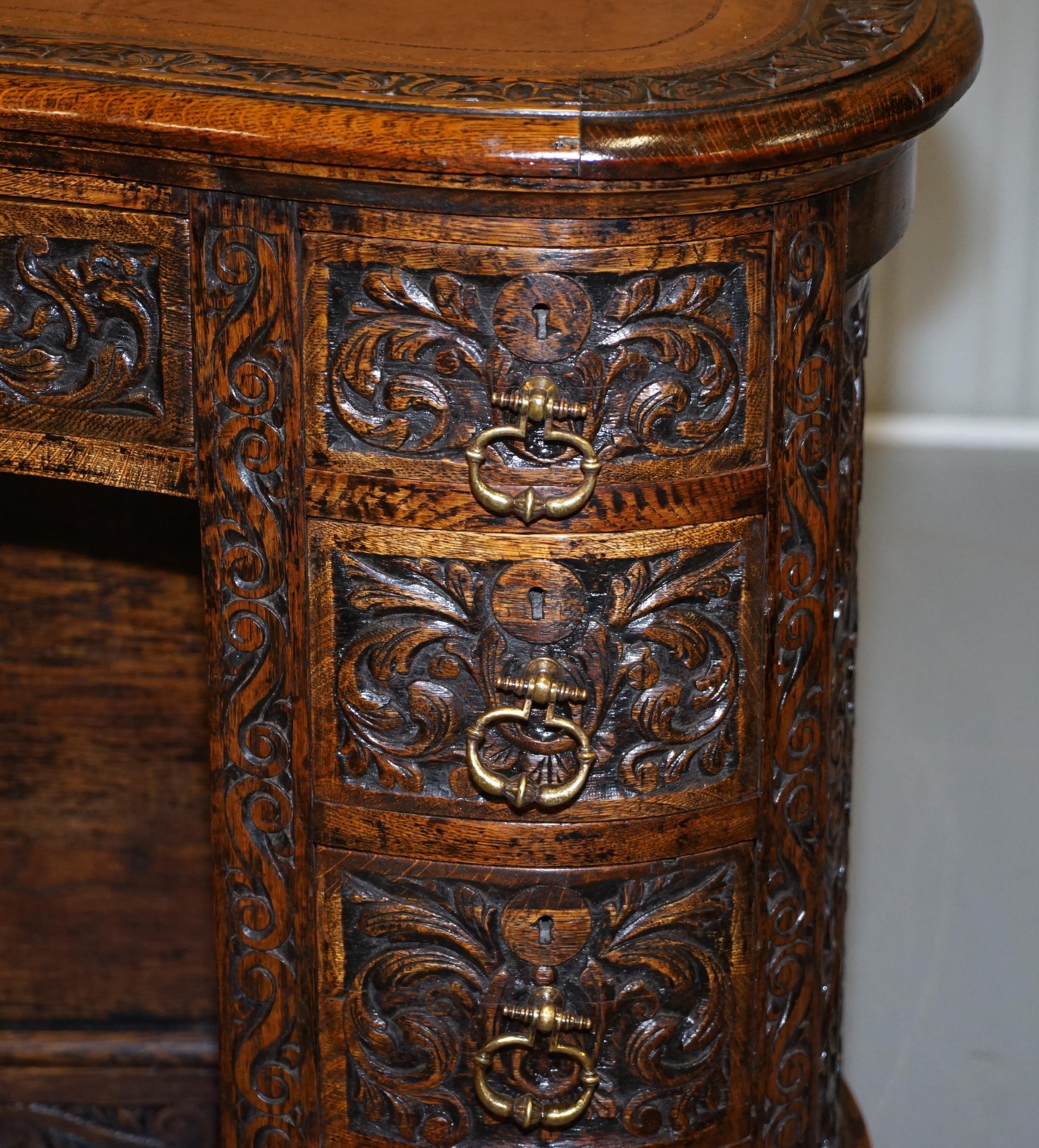 Rare 19th Century Restored English Oak Brown Leather Kidney Desk Gothic Jacobean 5
