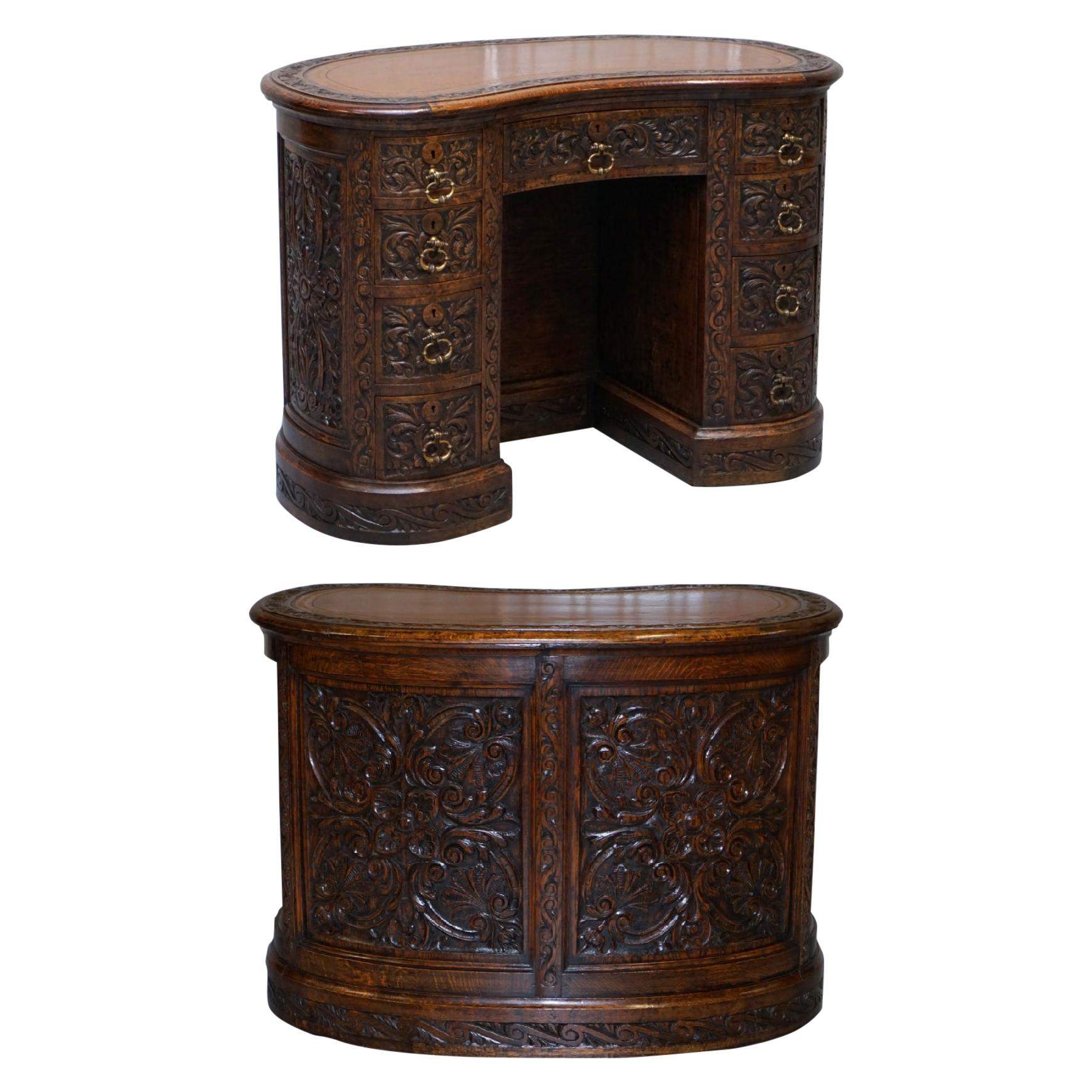 Rare 19th Century Restored English Oak Brown Leather Kidney Desk Gothic Jacobean