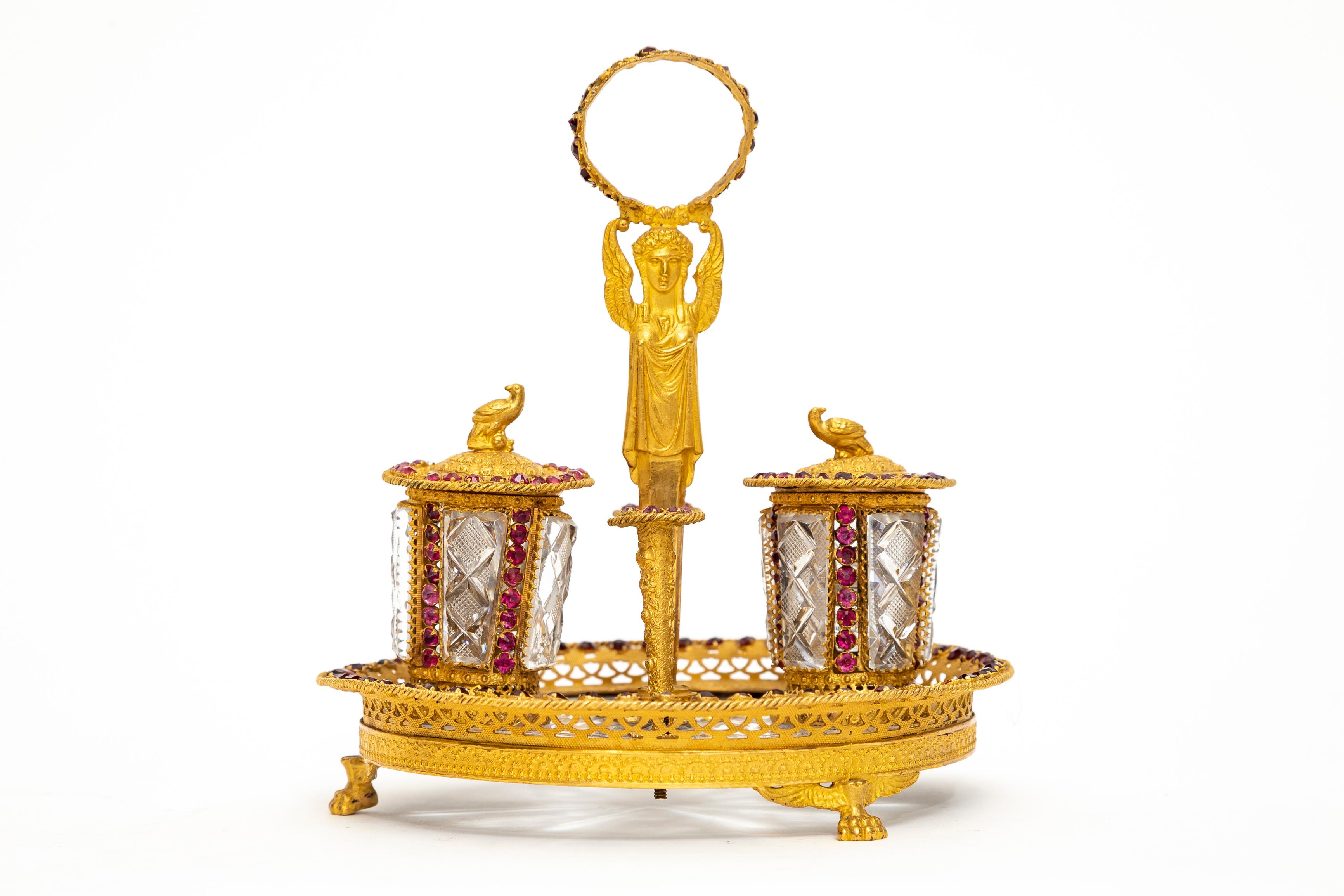 Empire Rare 19th Century Russian Ormolu, Hand-Diamond Cut Crystal and Jeweled Inkwell For Sale