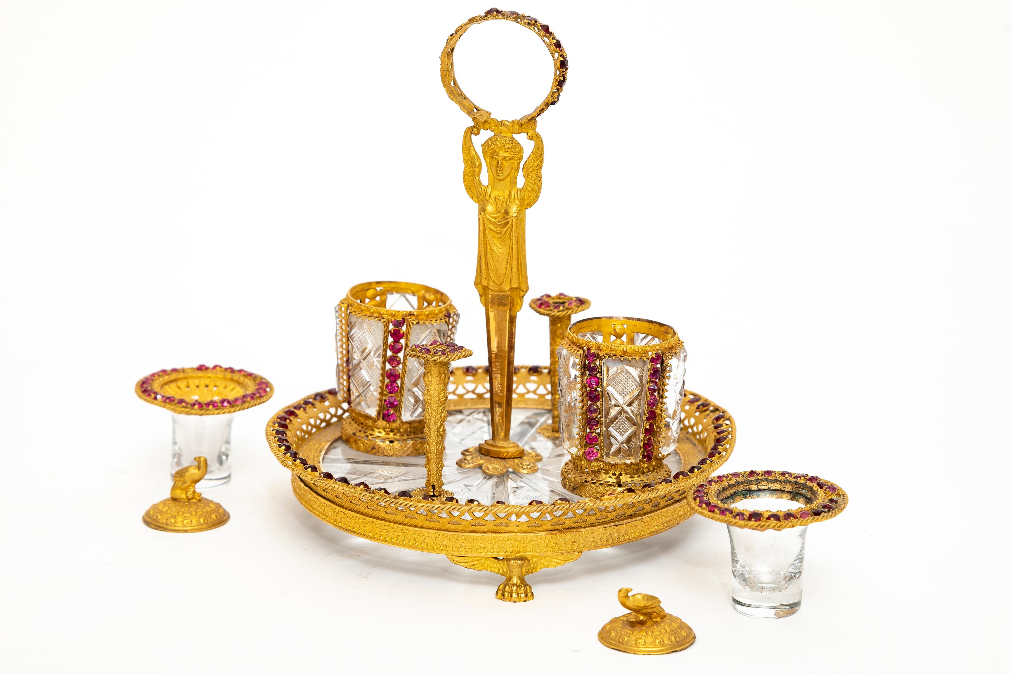 Hand-Crafted Rare 19th Century Russian Ormolu, Hand-Diamond Cut Crystal and Jeweled Inkwell For Sale