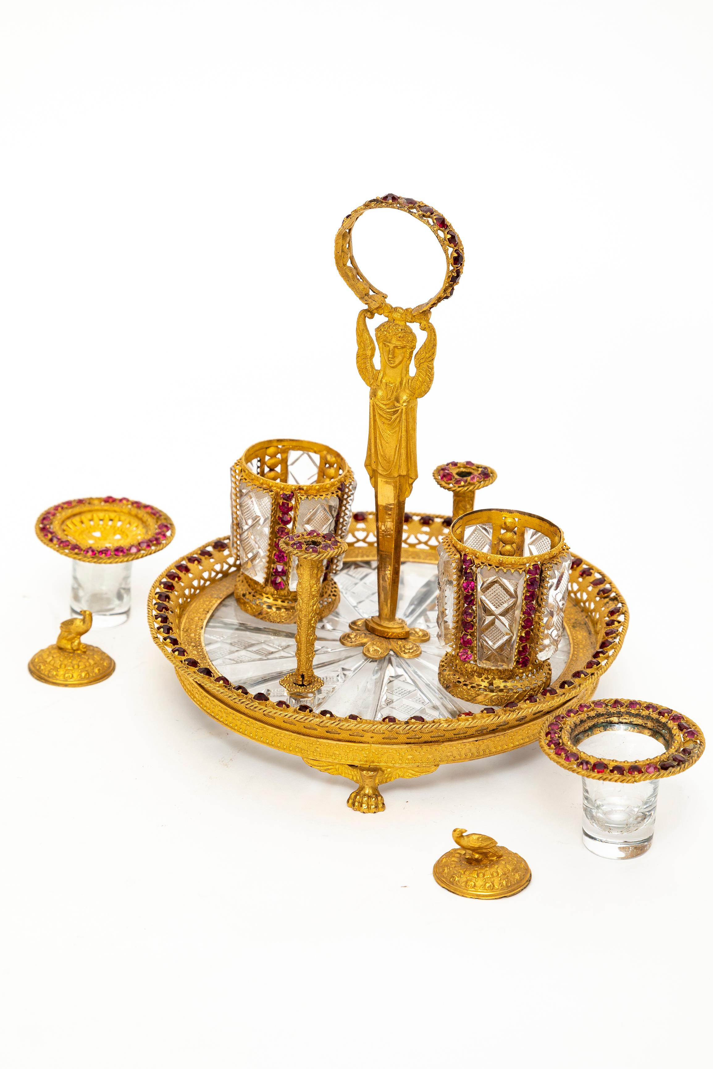 Rare 19th Century Russian Ormolu, Hand-Diamond Cut Crystal and Jeweled Inkwell In Good Condition For Sale In New York, NY