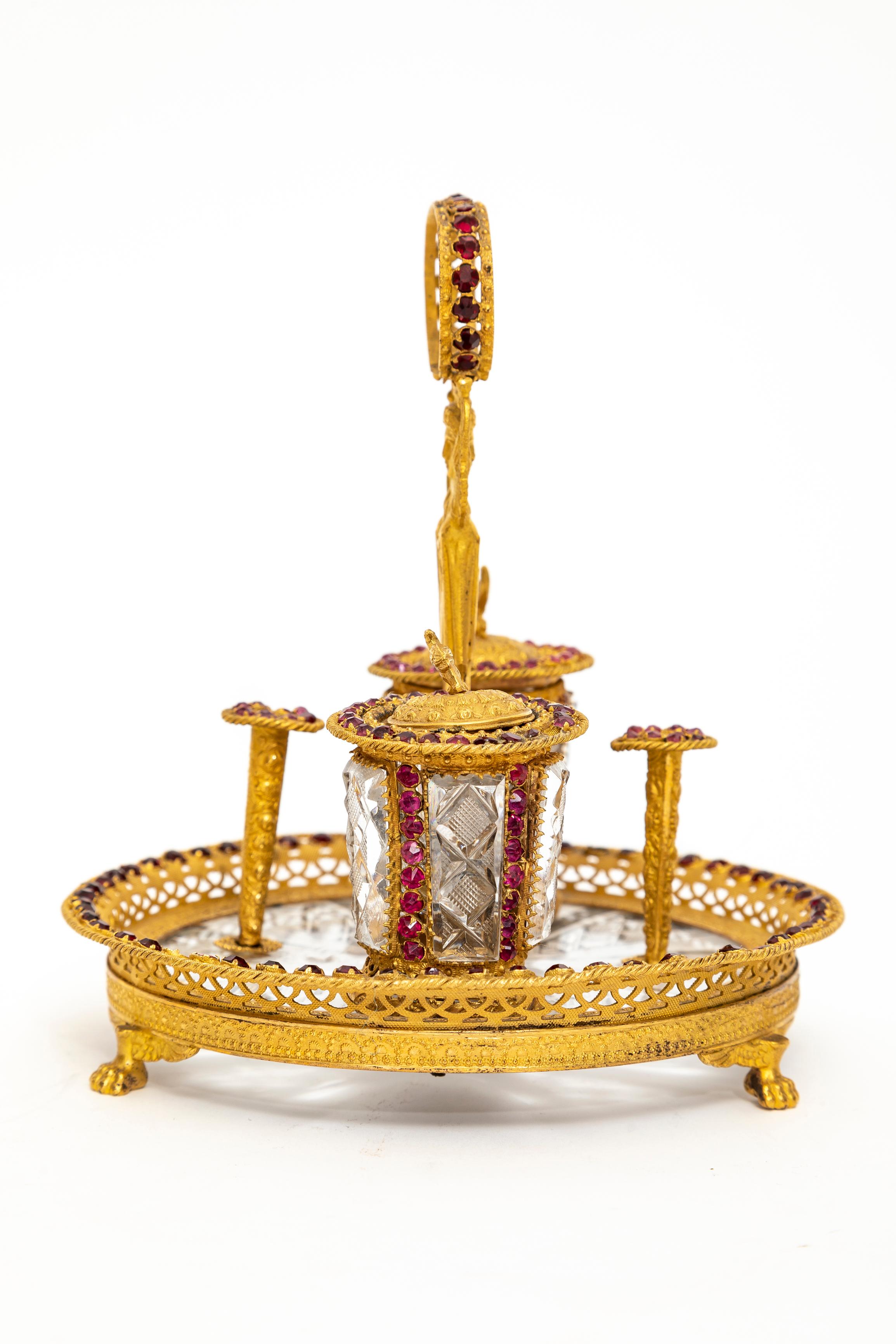 Early 19th Century Rare 19th Century Russian Ormolu, Hand-Diamond Cut Crystal and Jeweled Inkwell For Sale