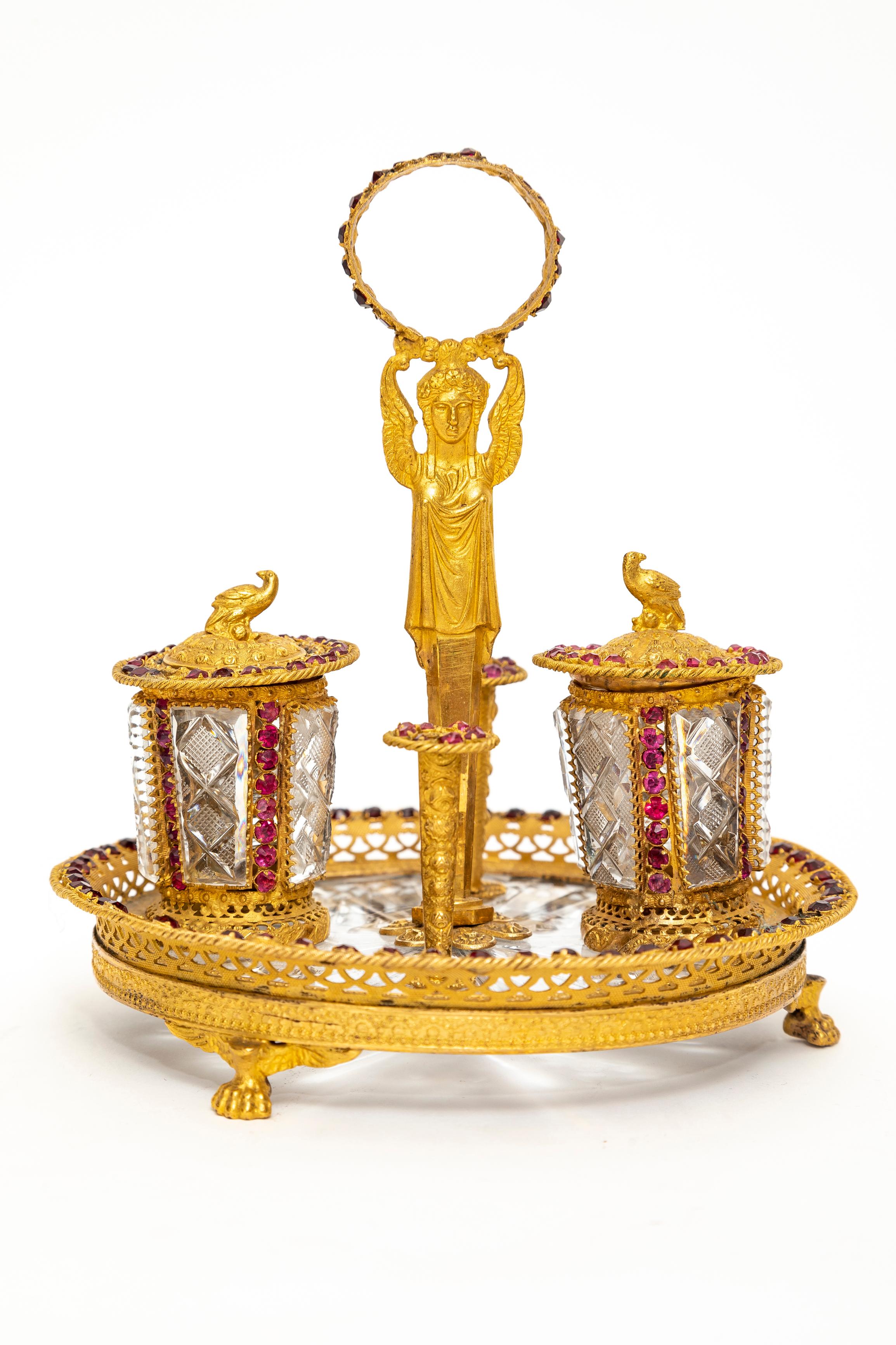 Rare 19th Century Russian Ormolu, Hand-Diamond Cut Crystal and Jeweled Inkwell For Sale 1