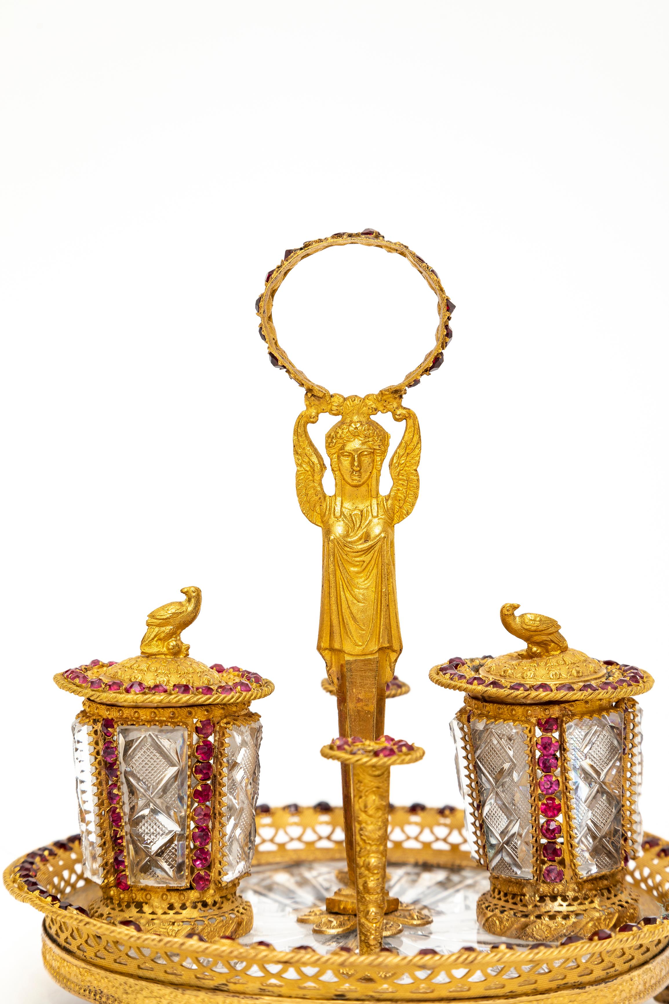 Rare 19th Century Russian Ormolu, Hand-Diamond Cut Crystal and Jeweled Inkwell For Sale 2