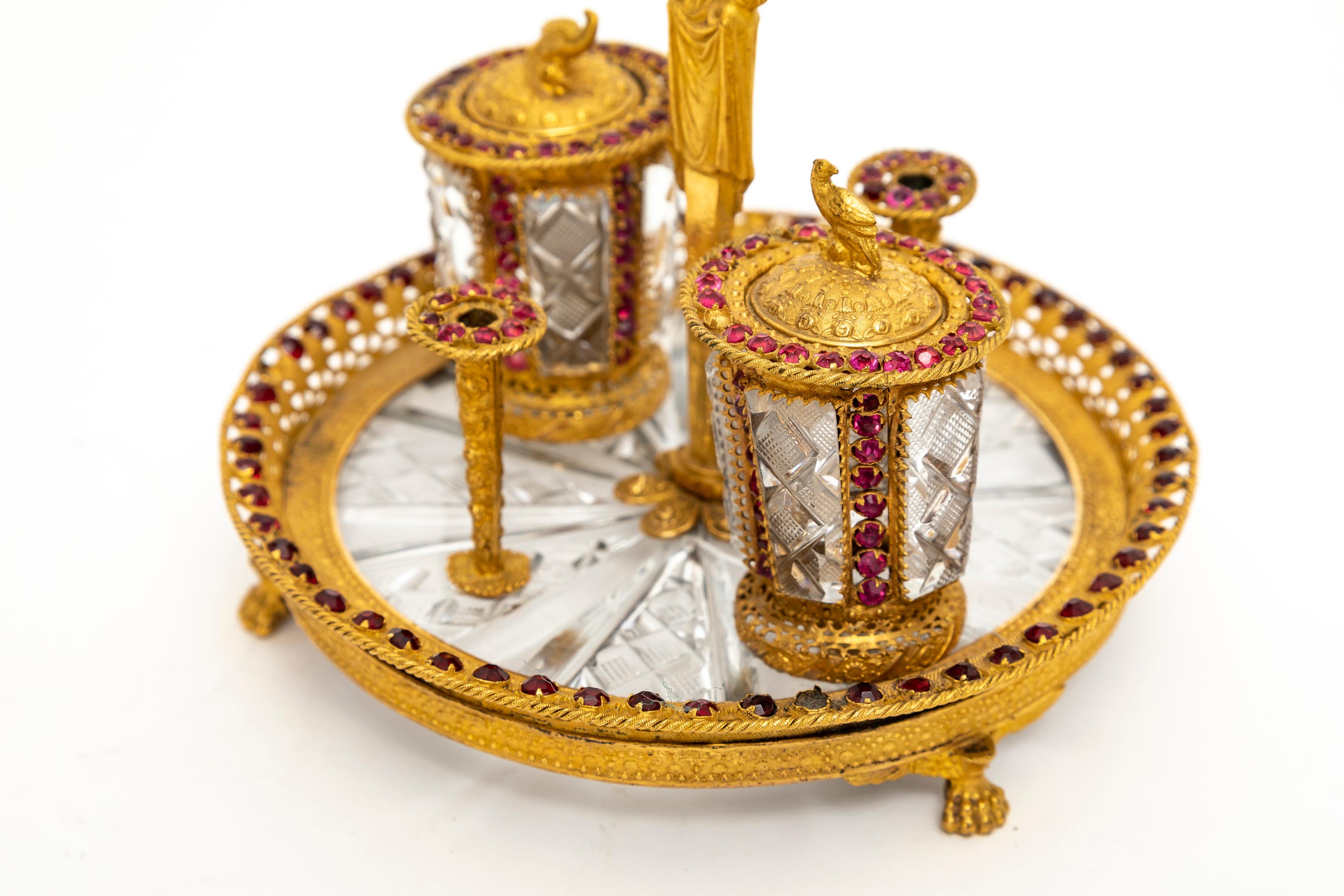 Rare 19th Century Russian Ormolu, Hand-Diamond Cut Crystal and Jeweled Inkwell For Sale 3