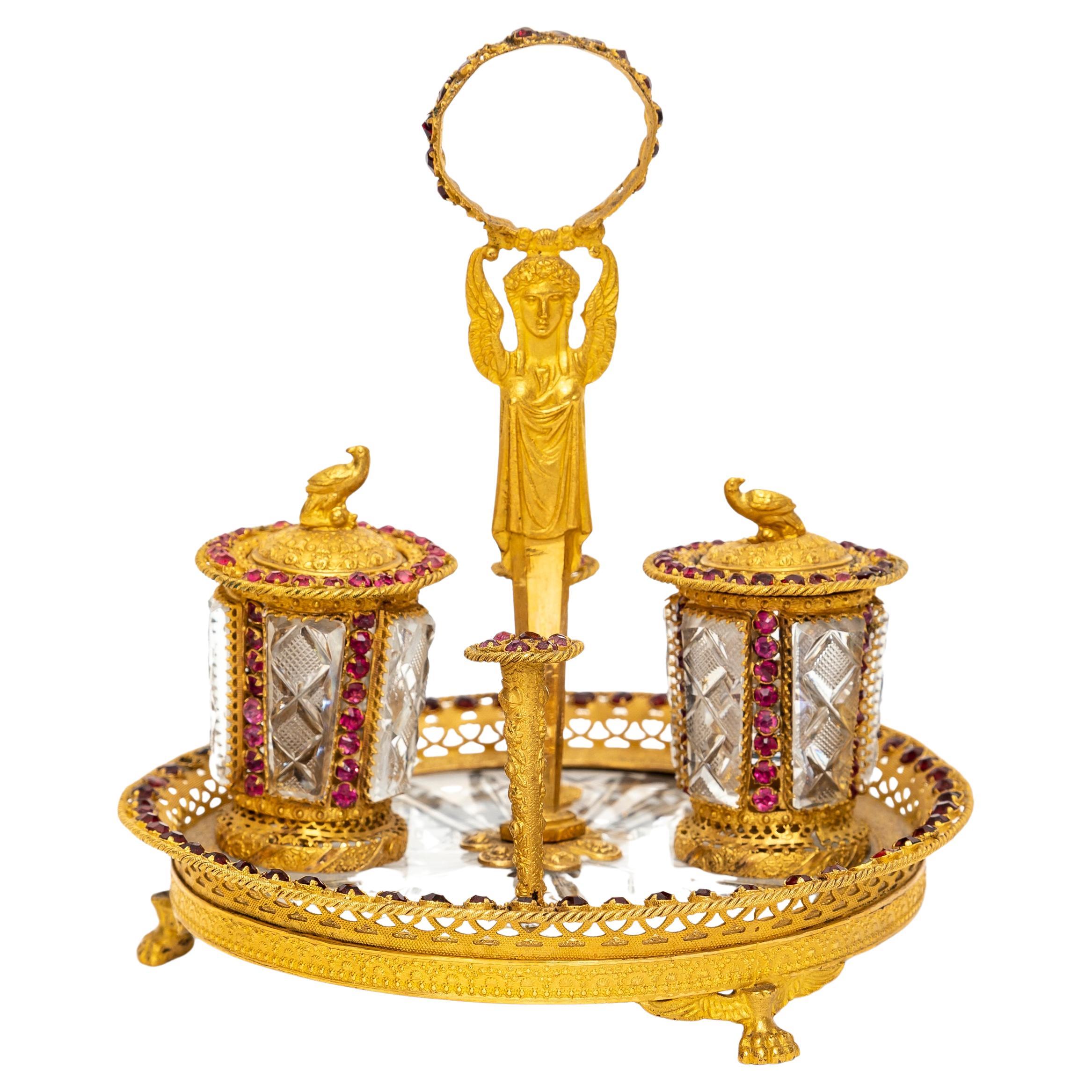 Rare 19th Century Russian Ormolu, Hand-Diamond Cut Crystal and Jeweled Inkwell For Sale