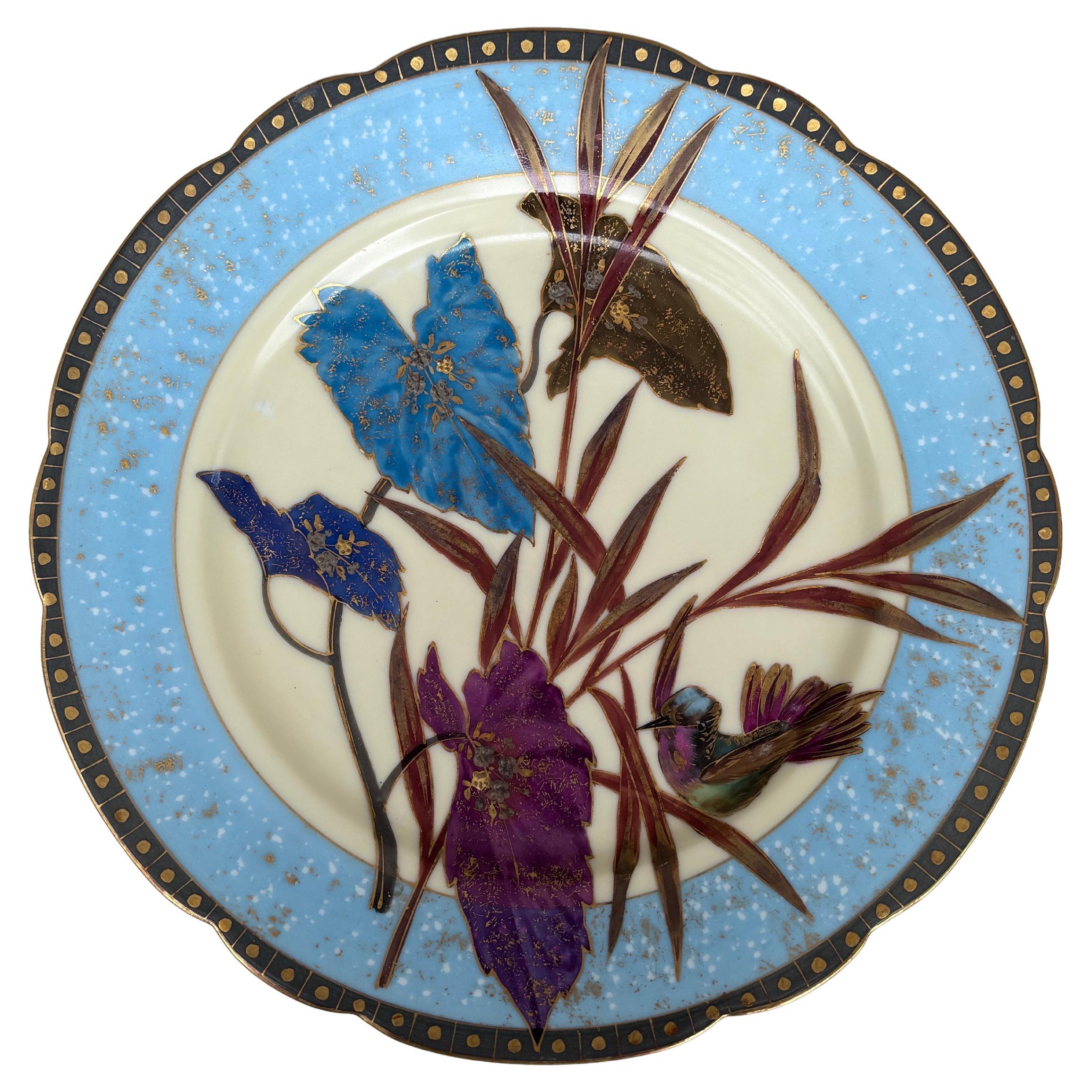 Fin du XIXe siècle Rare ensemble de 5 assiettes à feuilles et oiseaux en porcelaine du 19e siècle en vente