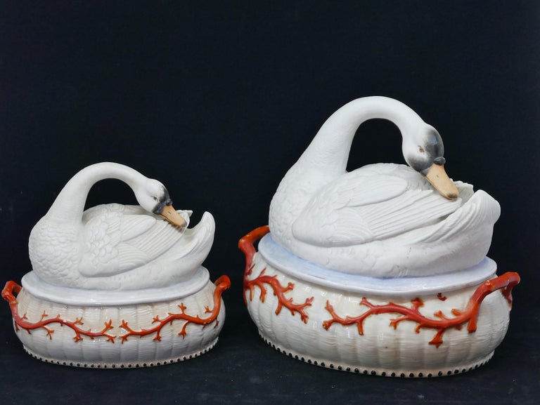 Graduated pair of rare Staffordshire Swan covered boxes with stylish decorative coral motif late 19th century.