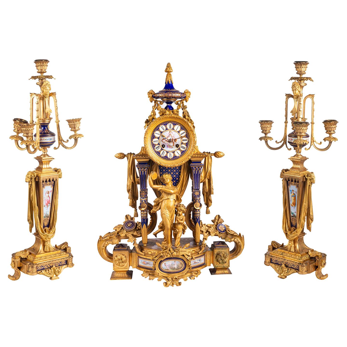 Rare 19th Century Sevres Style Clock Set For Sale