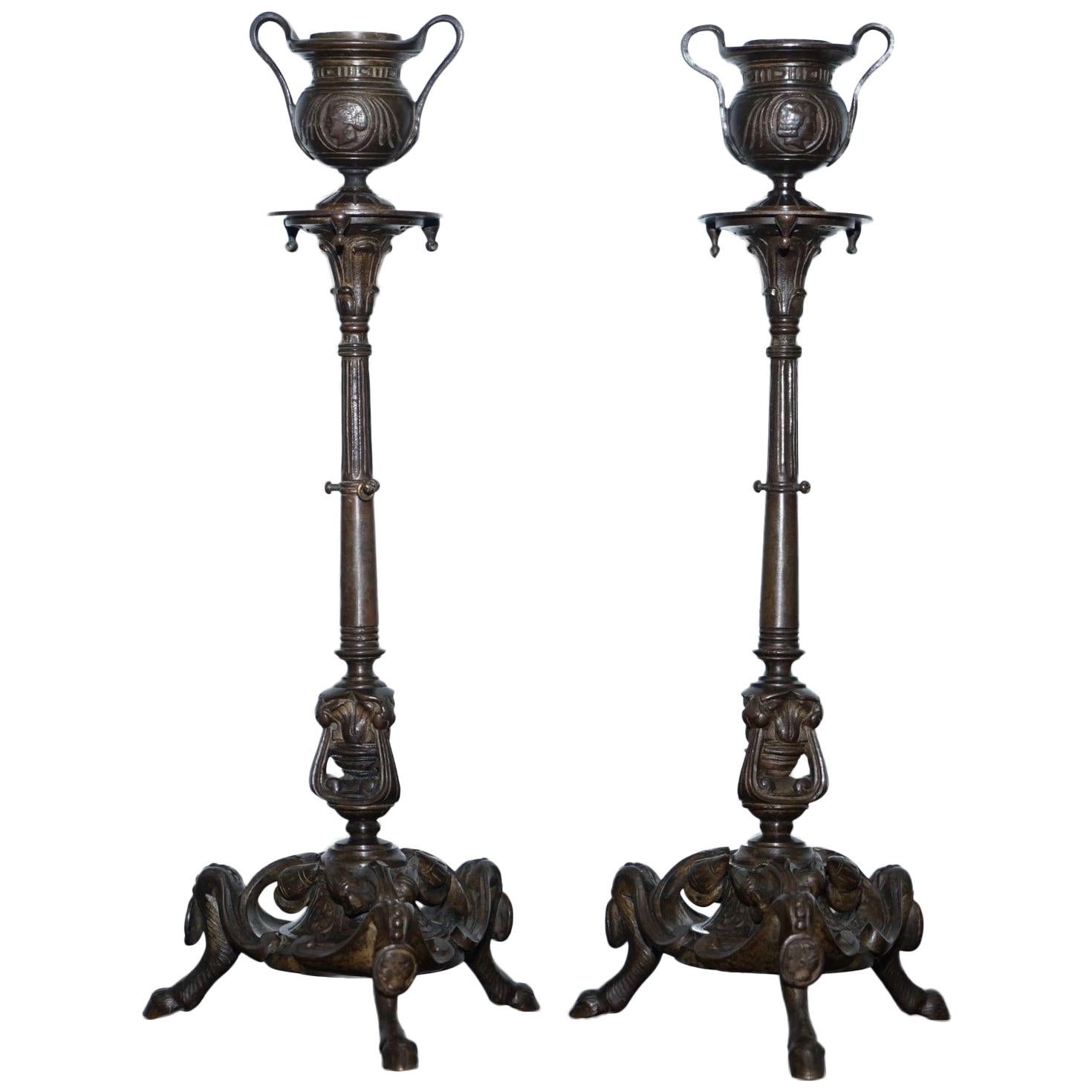 Rare 19th Century Solid Bronze Candlesticks August Maximilien Delafontaine, Pair For Sale