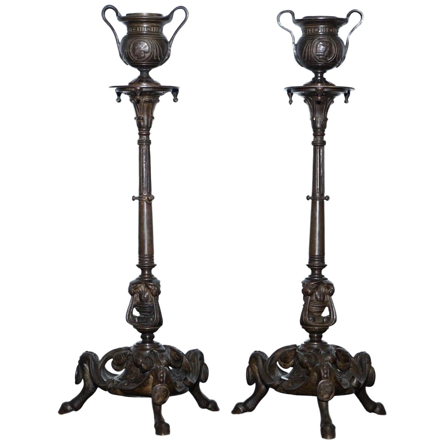 Rare 19th Century Solid Bronze Candlesticks August Maximilien Delafontaine, Pair