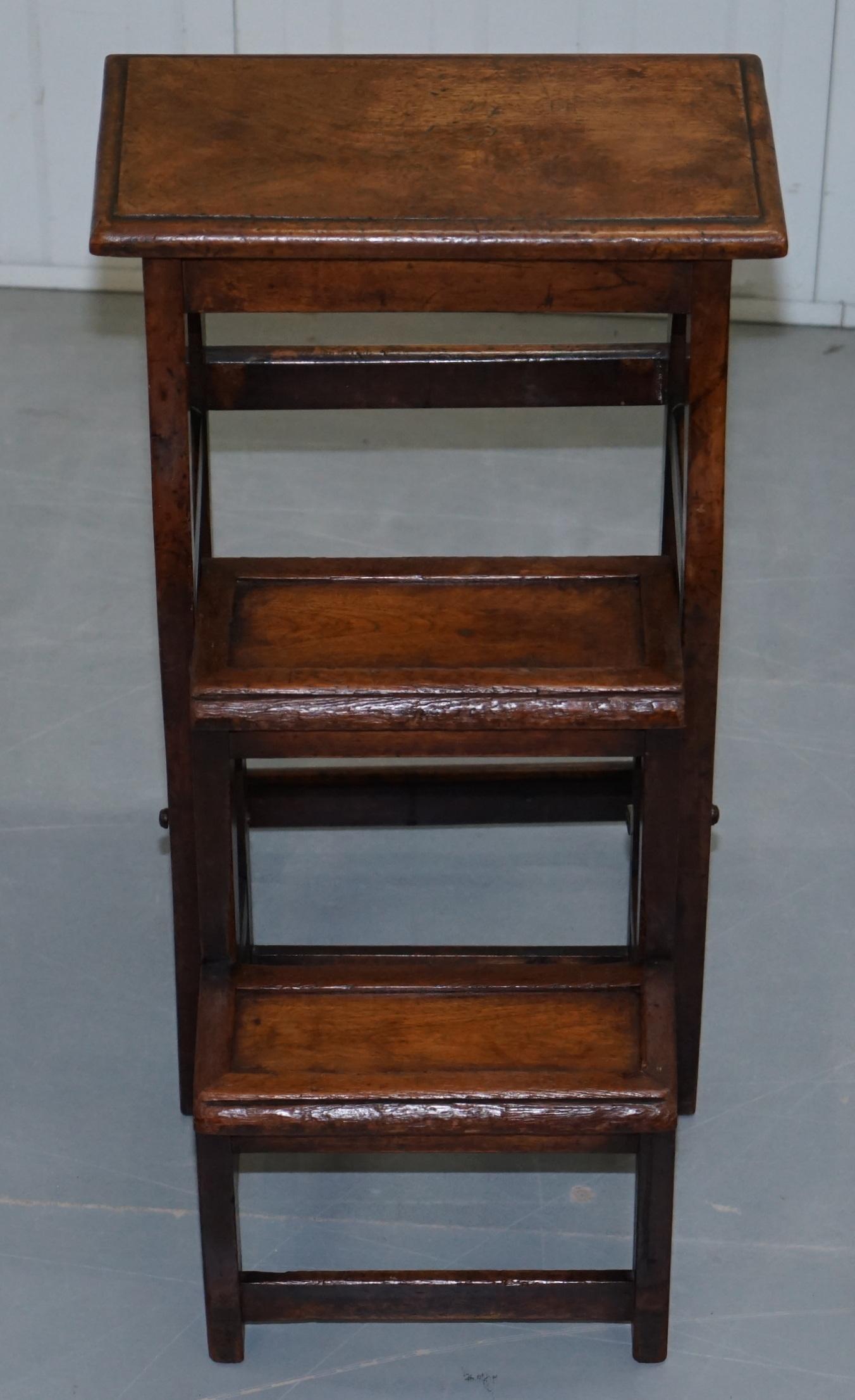 Rare 19th Century Solid Elm Metamorphic Library Steps into a Stool Stunning Find 10