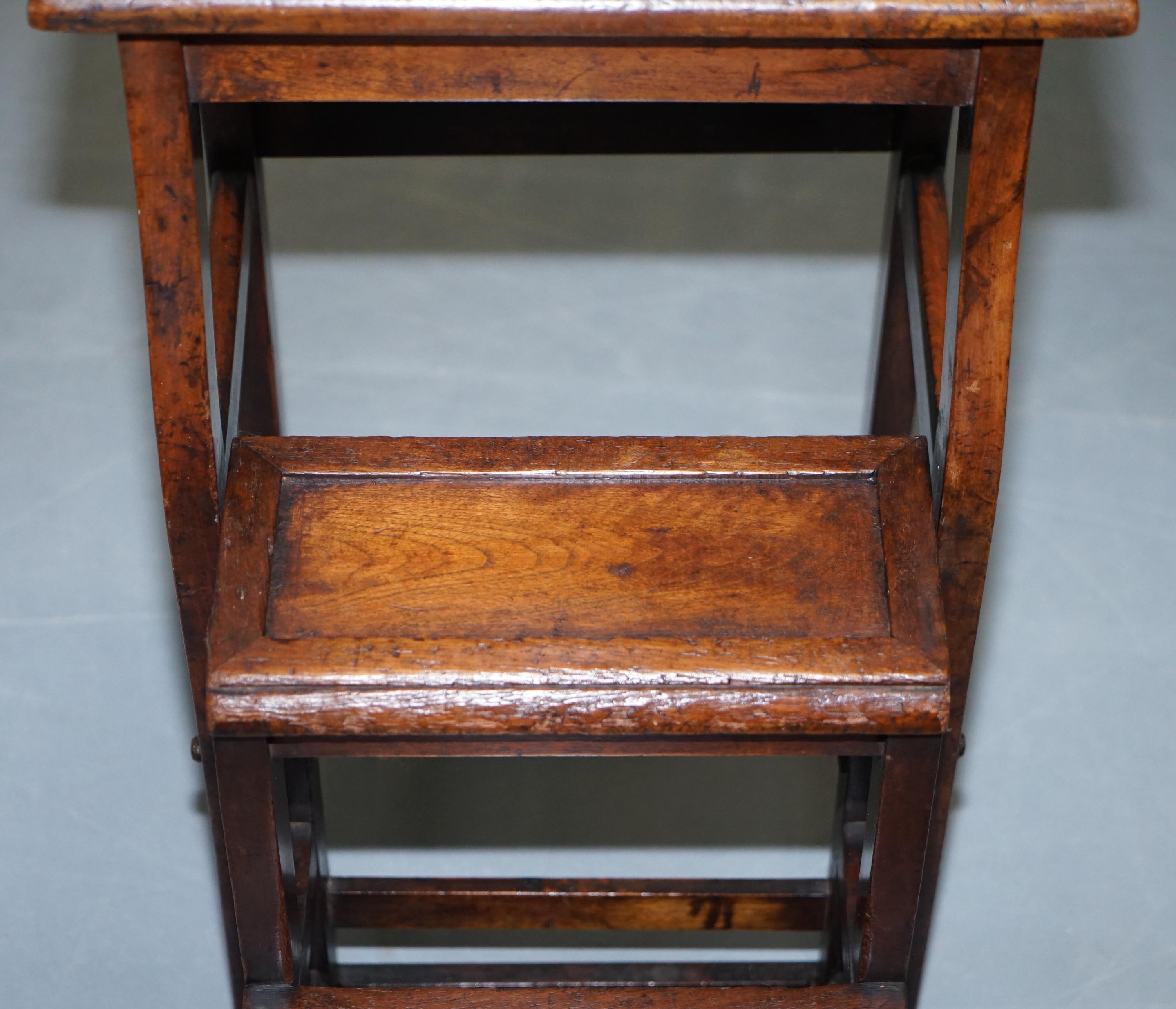Rare 19th Century Solid Elm Metamorphic Library Steps into a Stool Stunning Find 12