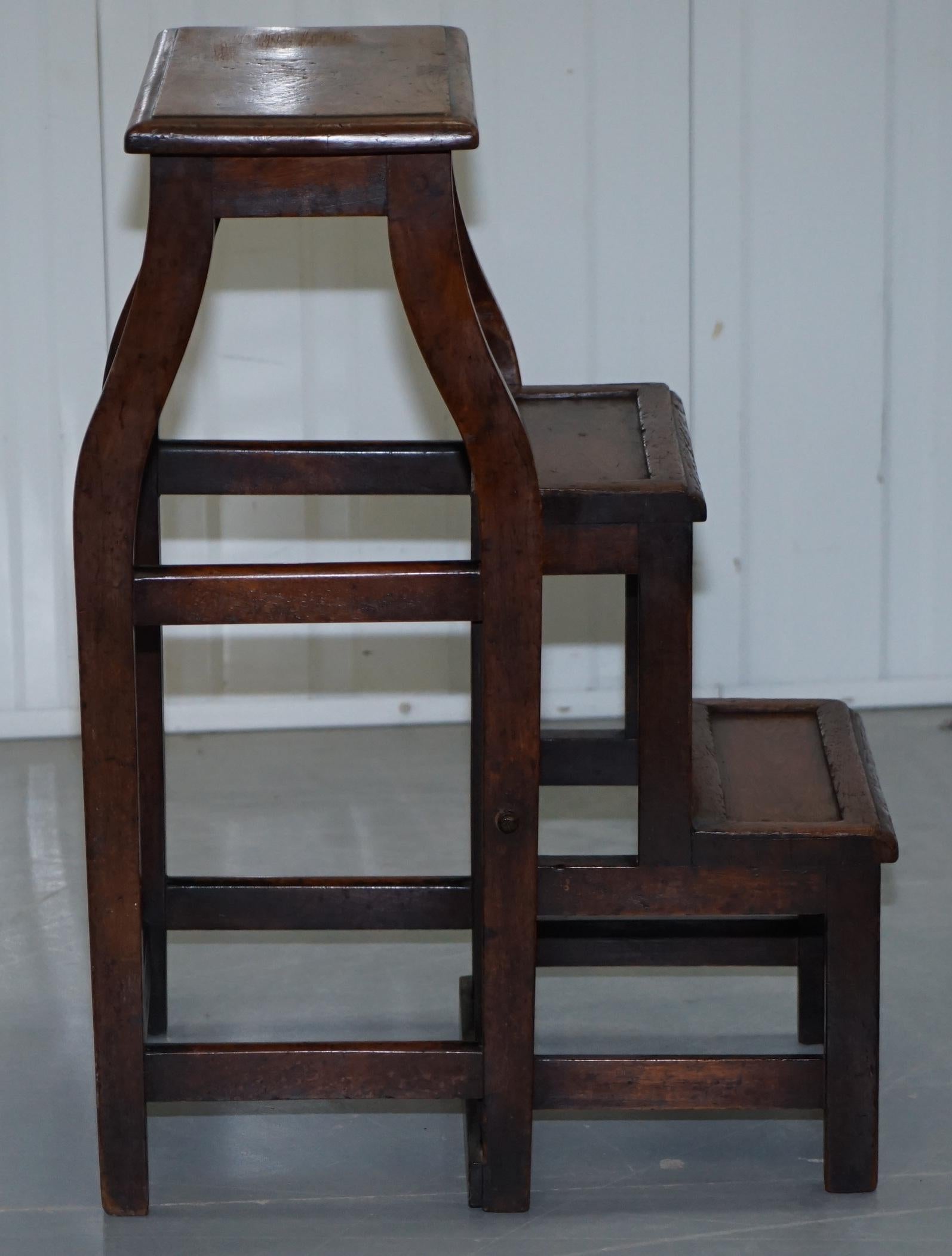 Rare 19th Century Solid Elm Metamorphic Library Steps into a Stool Stunning Find 13