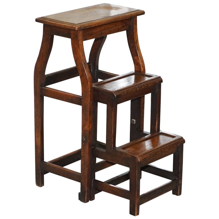 Rare 19th Century Solid Elm Metamorphic Library Steps into a Stool ...