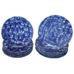 Rare 19th Century Sponge Ware Luncheon and Dinner Plates, Set 12 Pieces