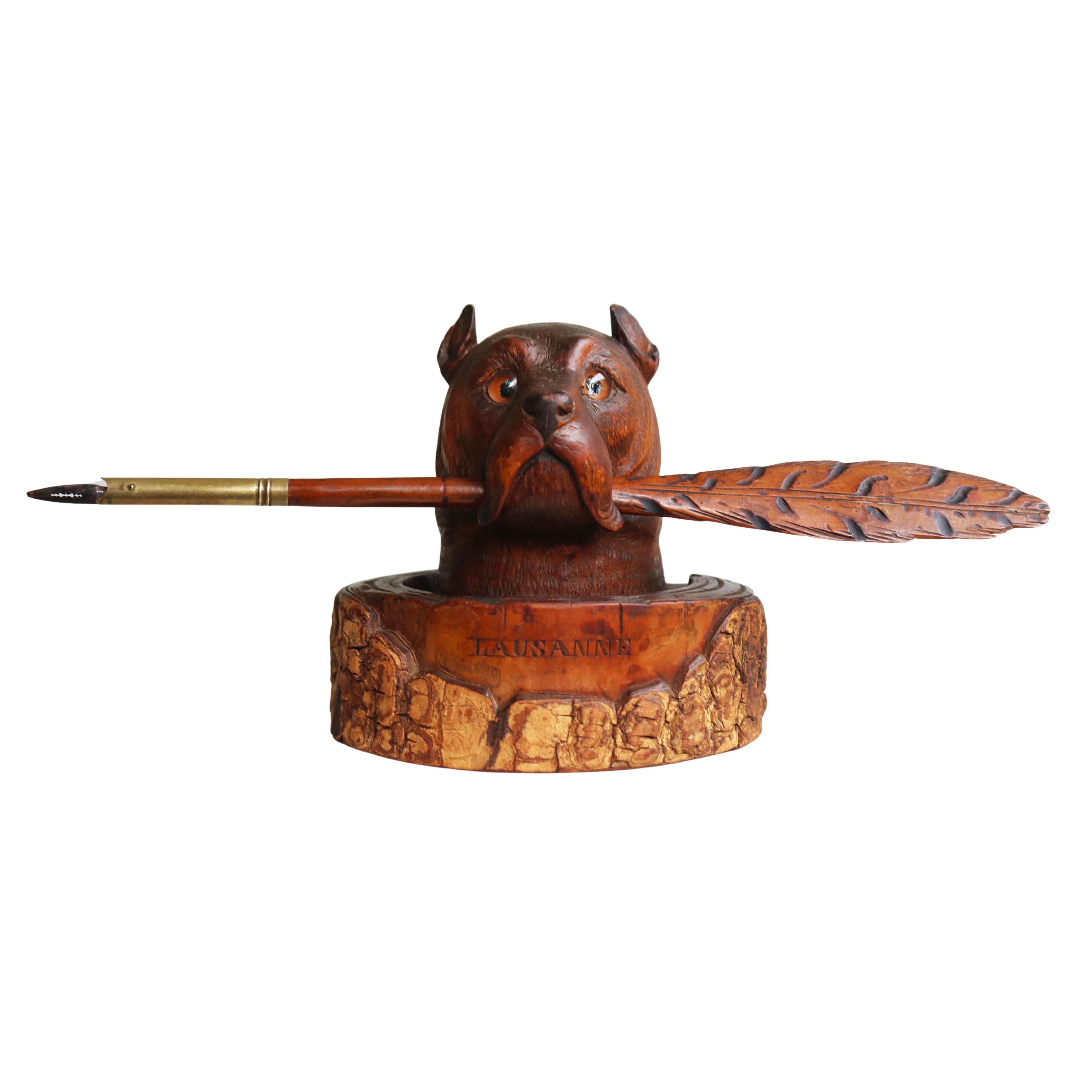 Rare 19th century Swiss Black Forest ''Dog"' Ink Jar desk decoration hand carved For Sale