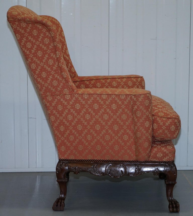 Rare 19th Century Thomas Chippendale Easy Wingback Armchair Heavily Carved Wood For Sale 8