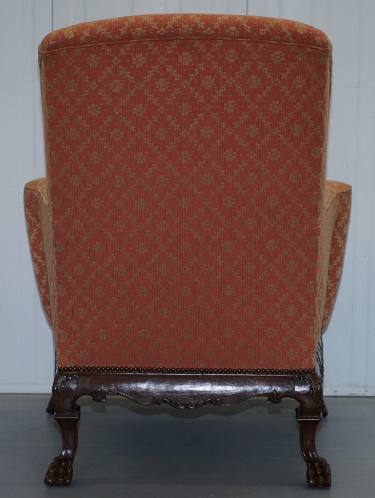 Rare 19th Century Thomas Chippendale Easy Wingback Armchair Heavily Carved Wood For Sale 11