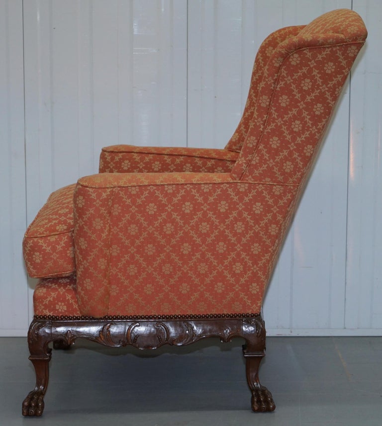 Rare 19th Century Thomas Chippendale Easy Wingback Armchair Heavily Carved Wood For Sale 14