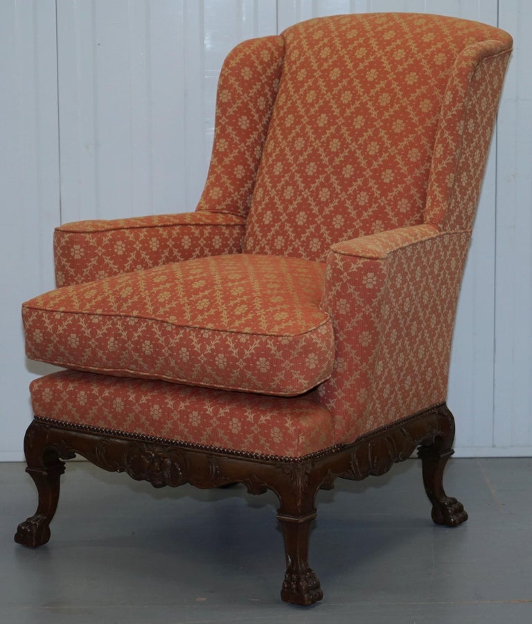 Victorian Rare 19th Century Thomas Chippendale Easy Wingback Armchair Heavily Carved Wood For Sale