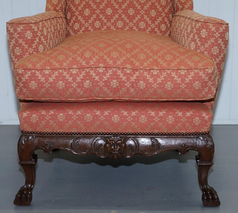 English Rare 19th Century Thomas Chippendale Easy Wingback Armchair Heavily Carved Wood For Sale