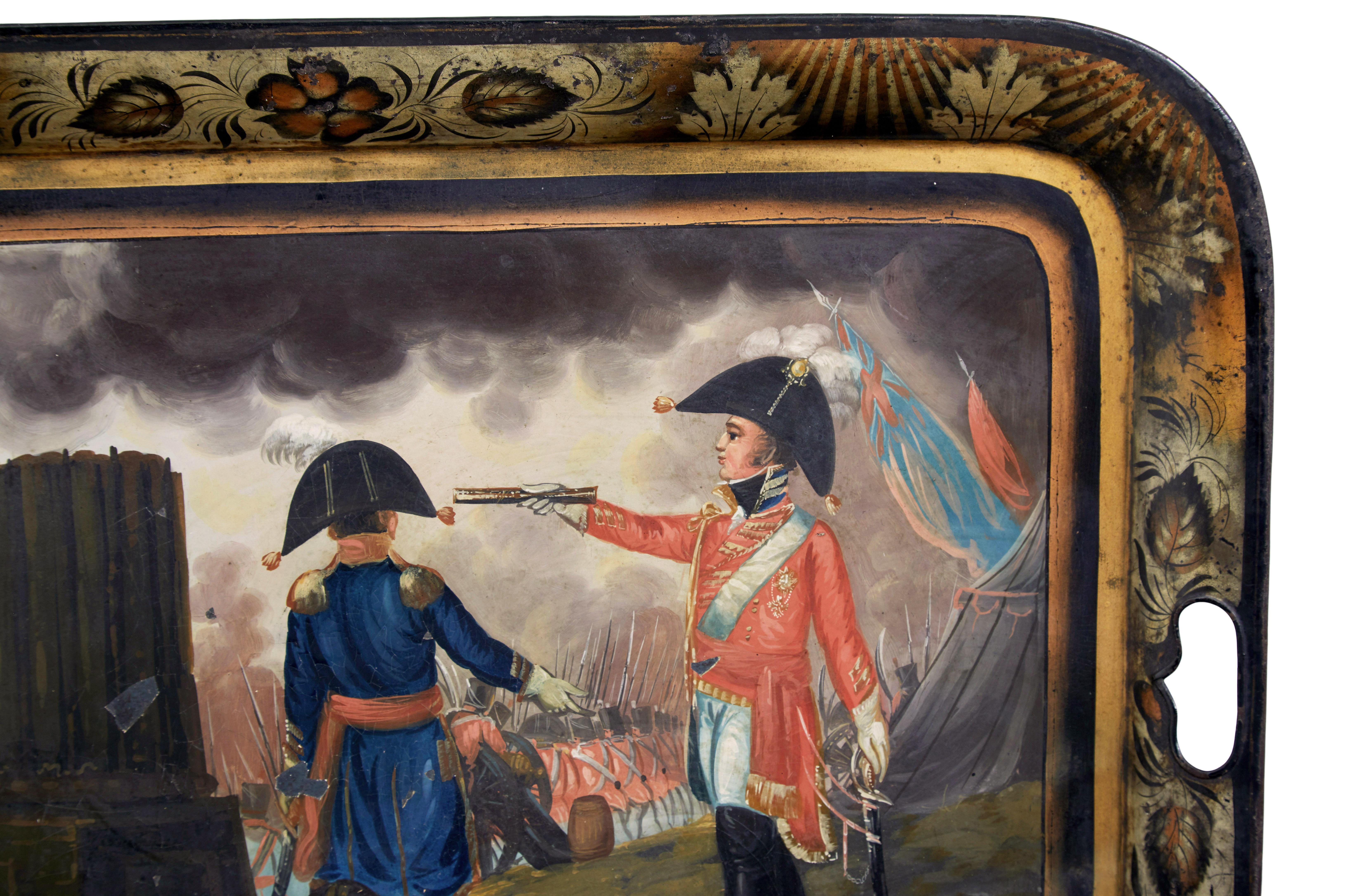 19th century toleware tray battle of waterloo circa 1890.

We are pleased to offer this unique hand painted decorative tray, which shows a fictitious scene between napoleon boneparte and the duke of wellington at the battle of waterloo.

Rectangular