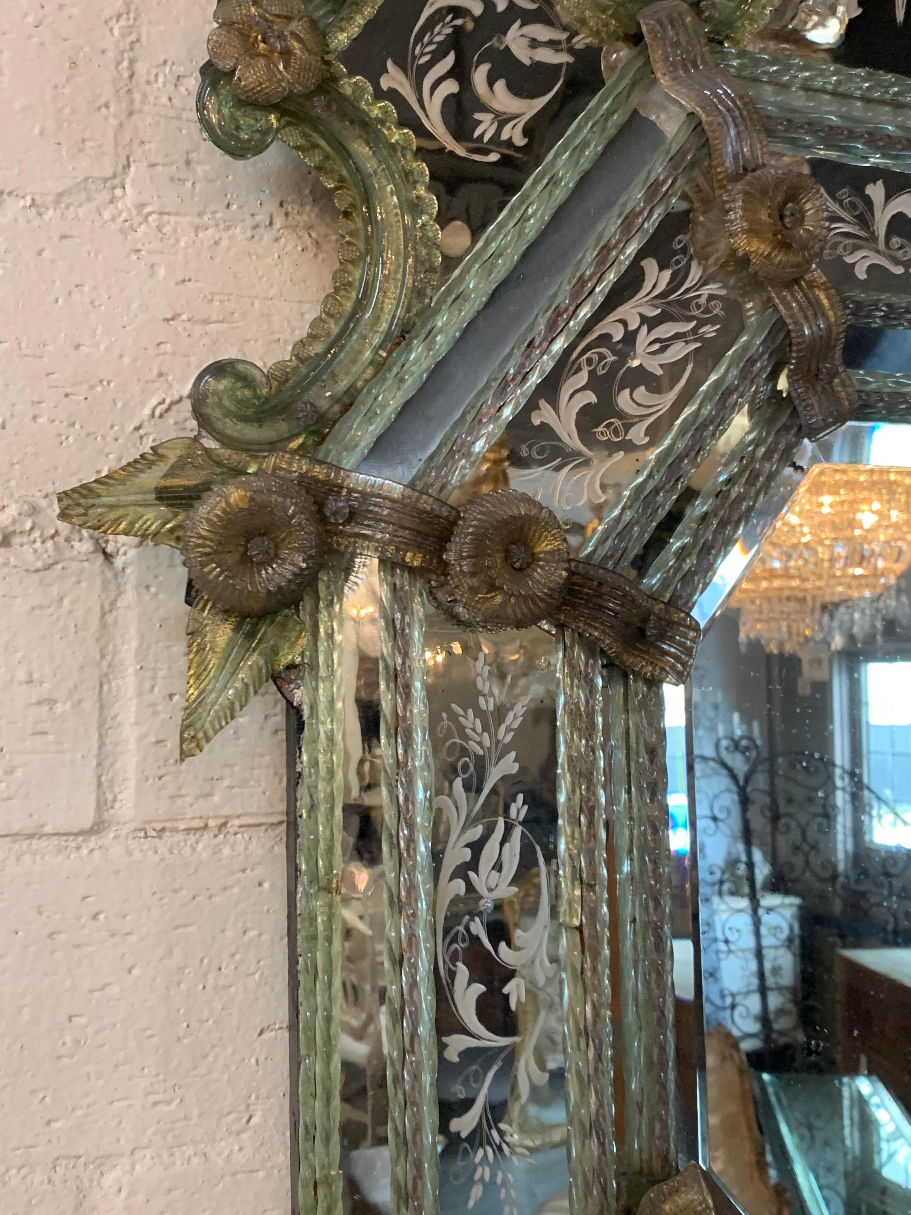 Rare 19th Century Venetian Colored and Etched Glass Mirror In Good Condition In Dallas, TX