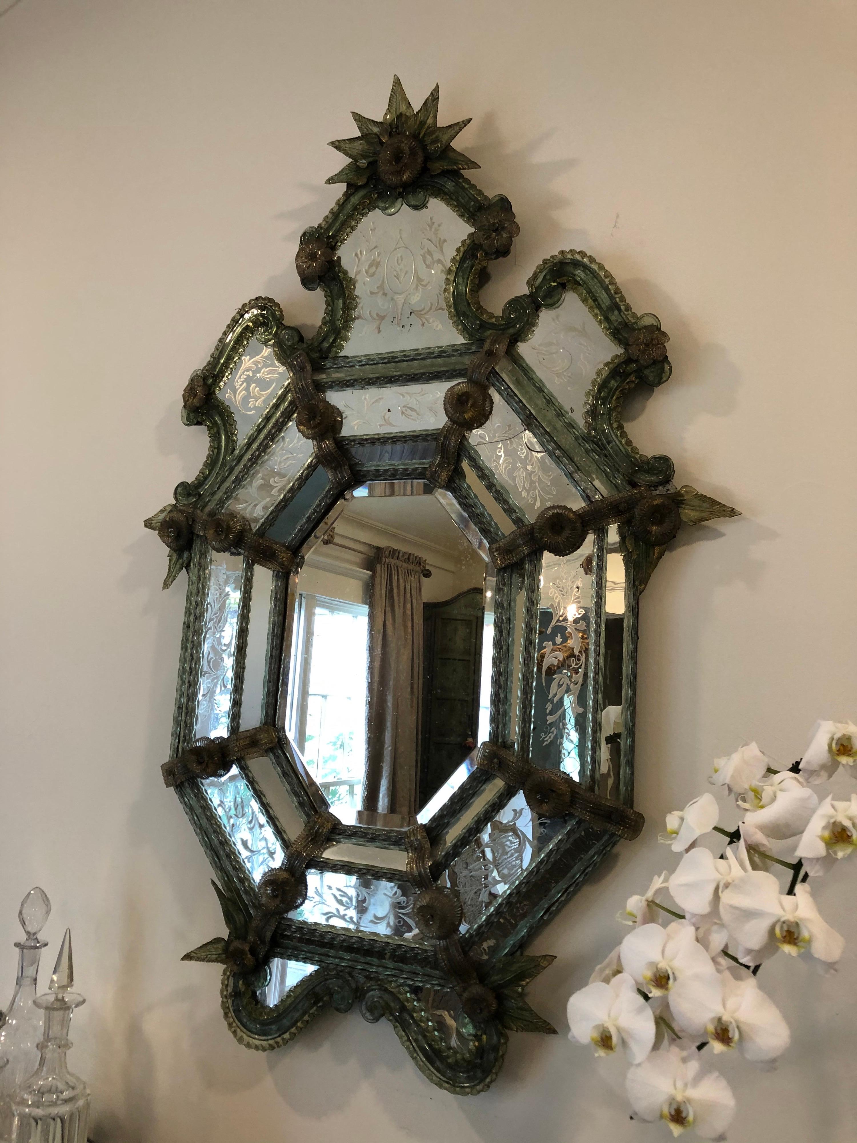 Rare 19th Century Venetian Colored and Etched Glass Mirror 3