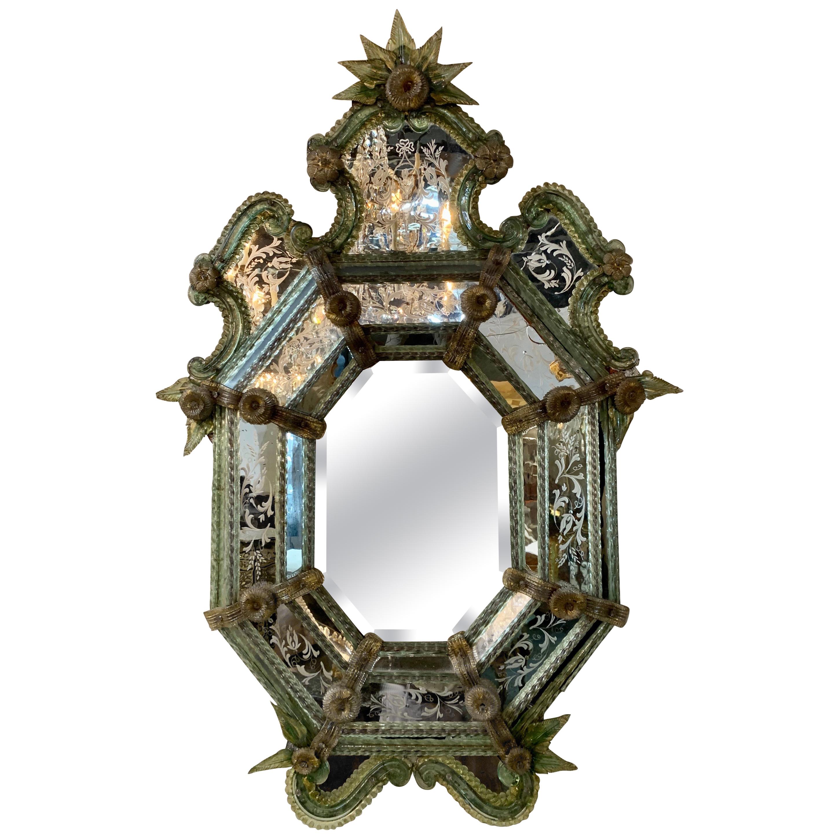 Rare 19th Century Venetian Colored and Etched Glass Mirror