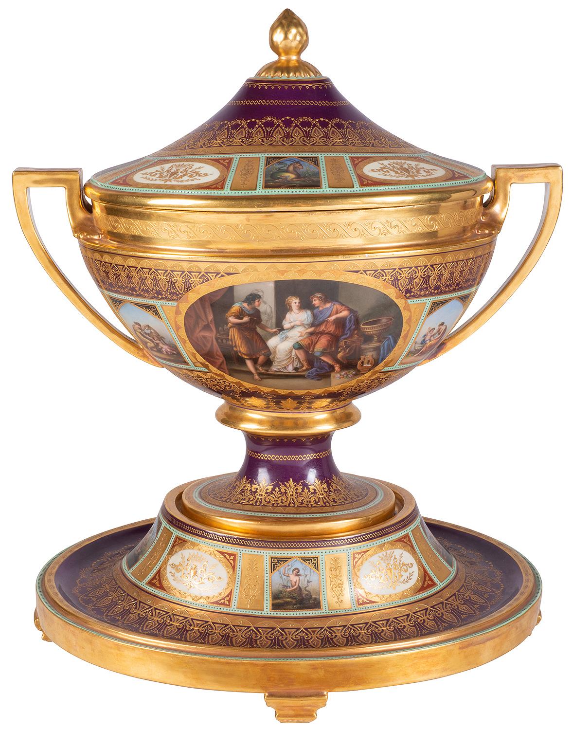 Austrian Rare 19th Century Vienna Style Porcelain Garniture of Three Large Lidded Vases For Sale