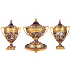 Rare 19th Century Vienna Style Porcelain Garniture of Three Large Lidded Vases