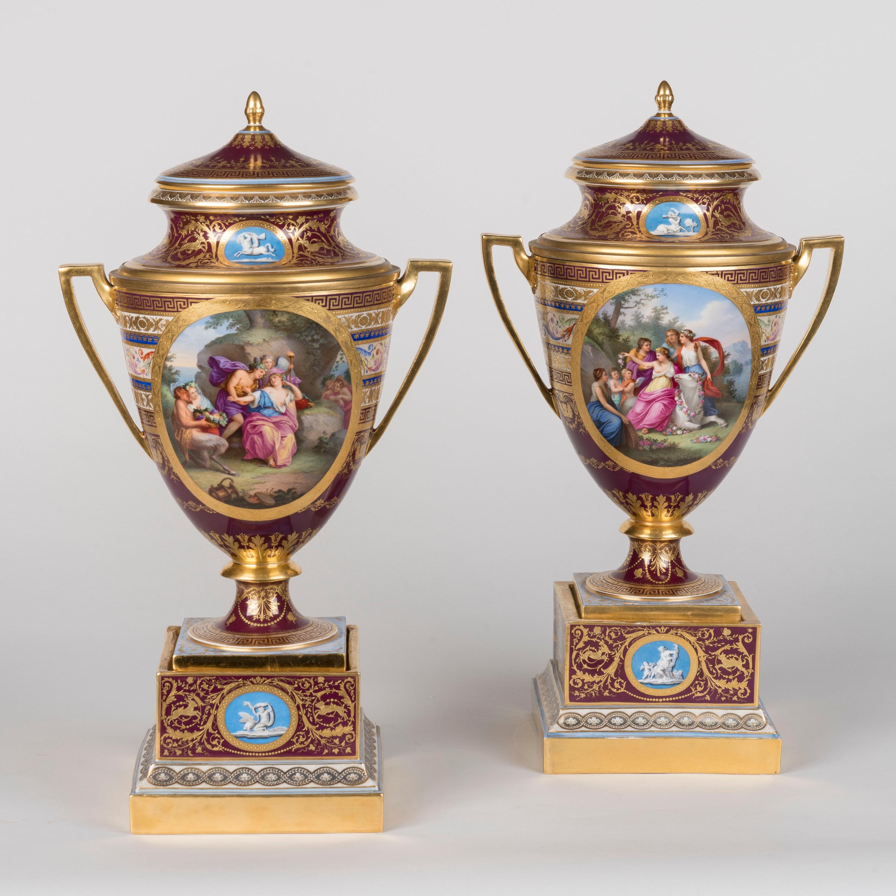 Neoclassical Rare 19th Century Viennese Porcelain Hand-Painted Ice Cream Pail Vases For Sale
