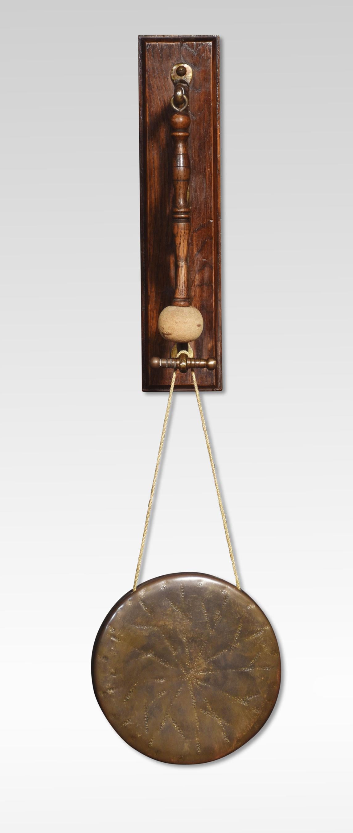 A rare 19th-century wall hanging gong, the solid oak backplate supporting an unusual brass monkey, having original brass gong and hammer.
Dimensions
Height 24 Inches
Width 6 Inches
Depth 6 Inches