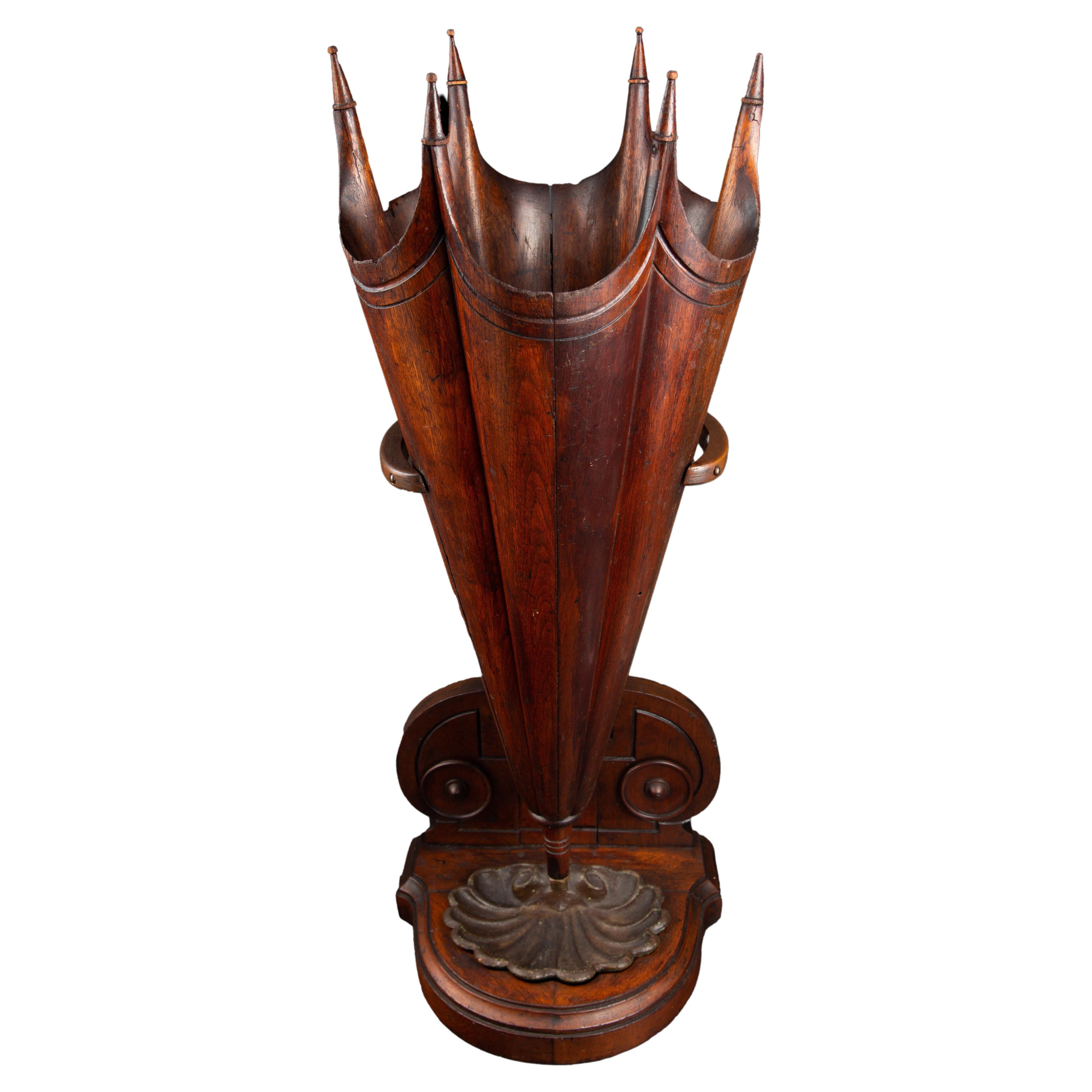 Rare 19th Century Walnut Hand Carved Wood Umbrella, Umbrella Stand For Sale