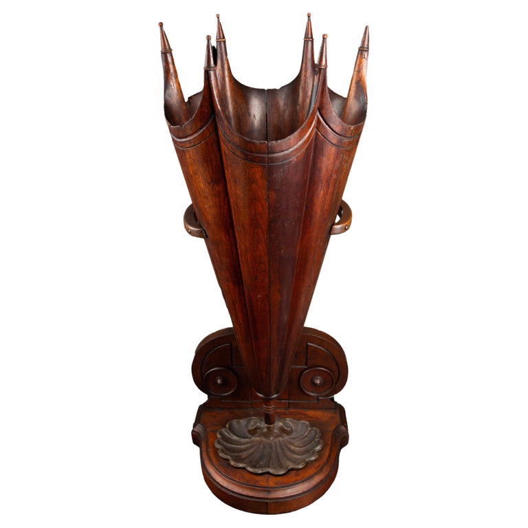 Rare 19th Century Walnut Hand Carved Wood Umbrella, Umbrella Stand For