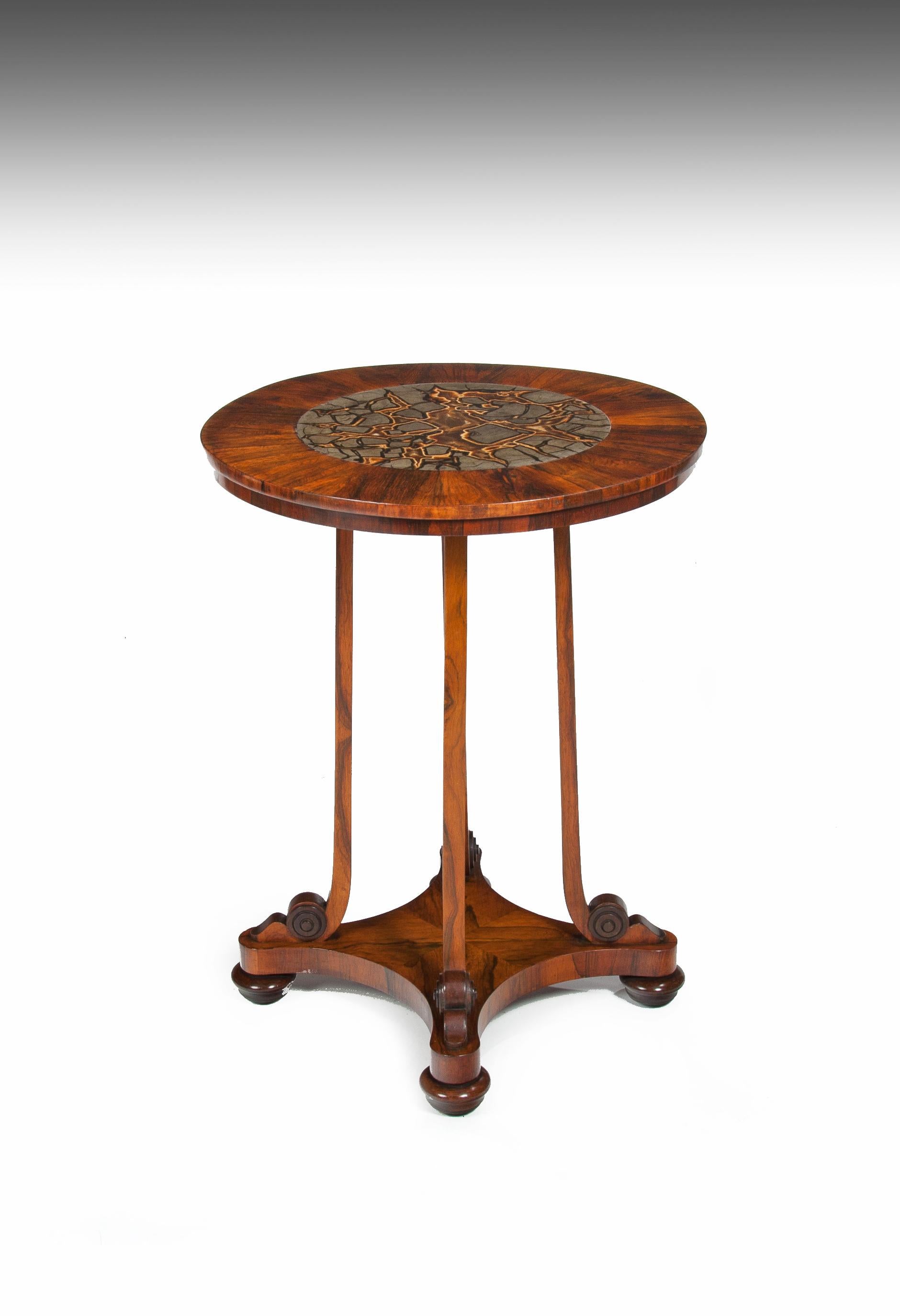 A delightful and rare 19th century William IV period Septarian Nodule / turtle stone English marble circular specimen table. 

English, circa 1835.

The circular top having a rosewood veneered border inset with a large turtle stone marble