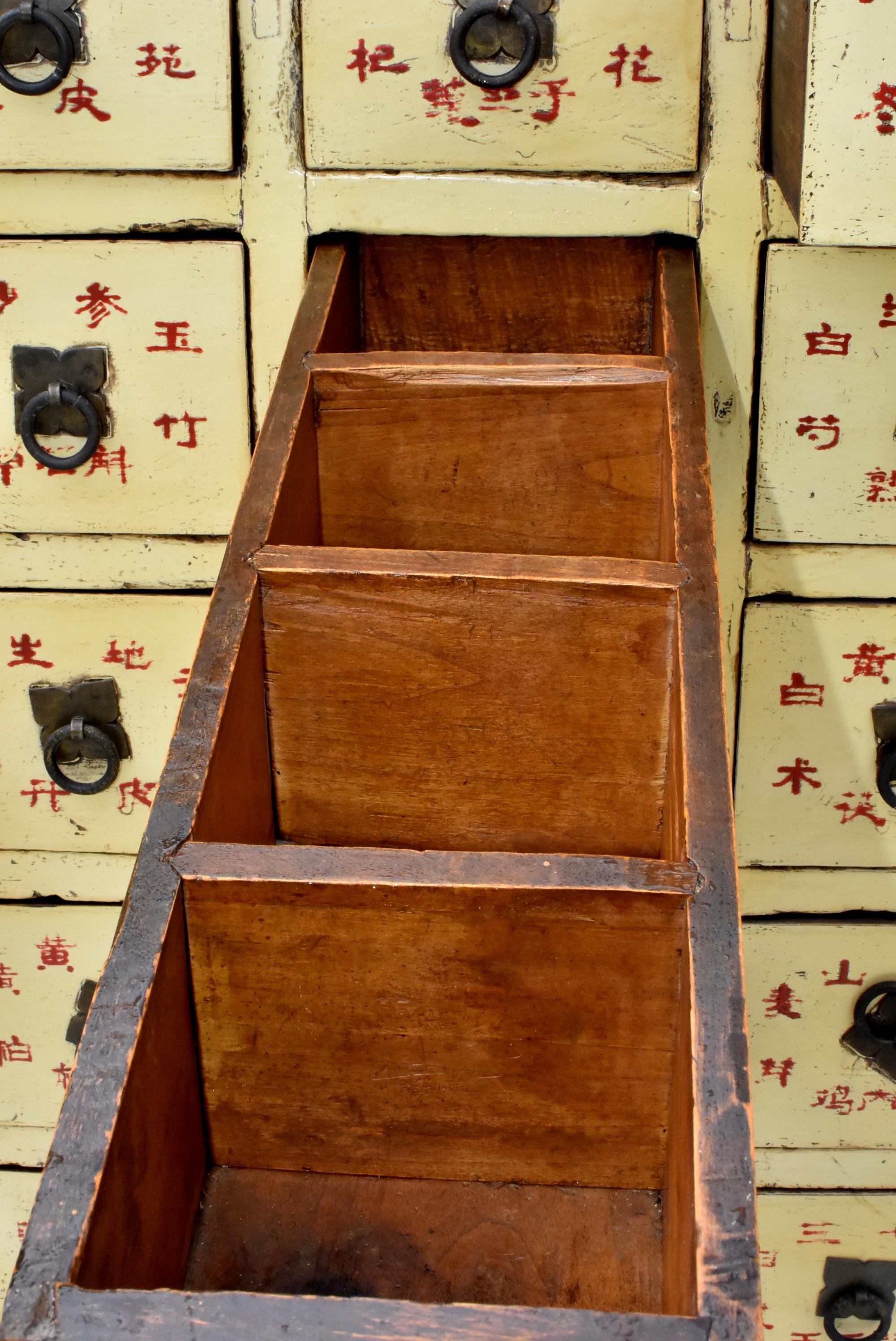 Hand-Painted Rare 19th Century Yellow Chinese Apothecary Cabinet 67 Sectioned Drawers For Sale