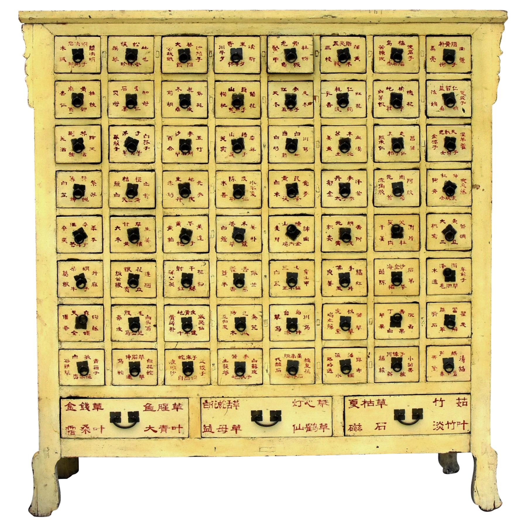 Rare 19th Century Yellow Chinese Apothecary Cabinet 67 Sectioned Drawers