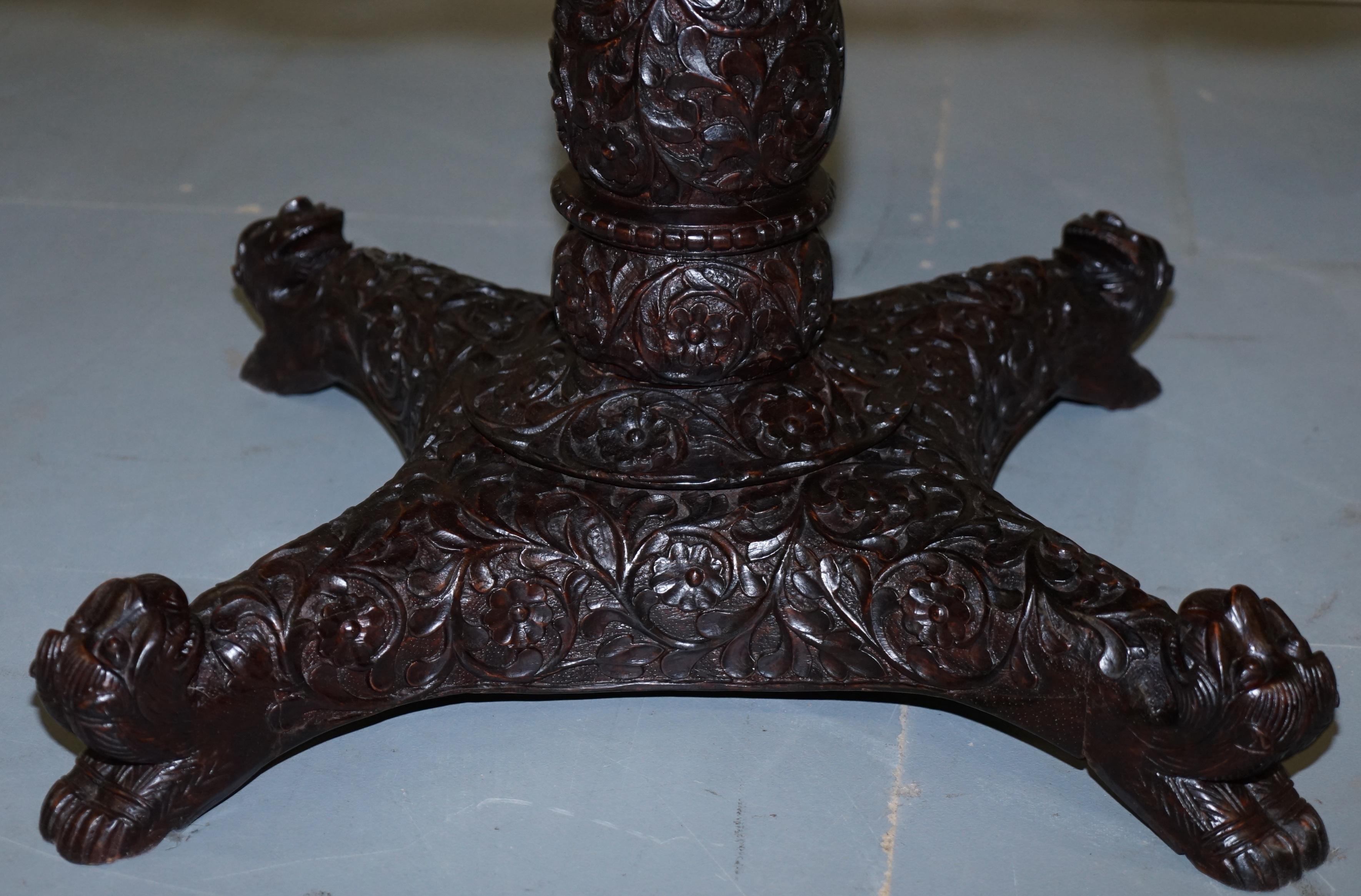 Rare 19th Century Anglo Indian Padauk Table Hand Carved Hardwood Lions & Flowers For Sale 8