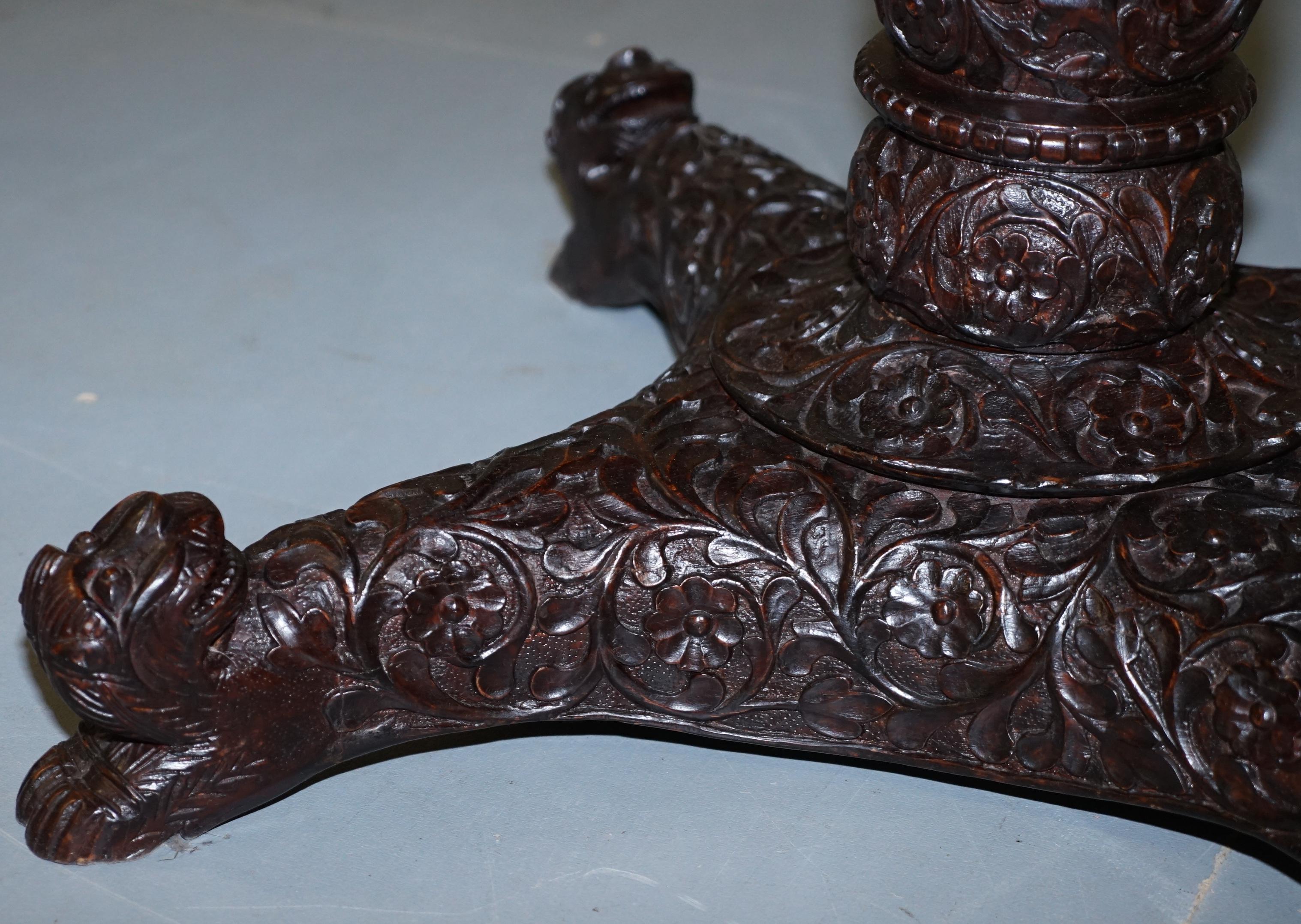 Rare 19th Century Anglo Indian Padauk Table Hand Carved Hardwood Lions & Flowers For Sale 9