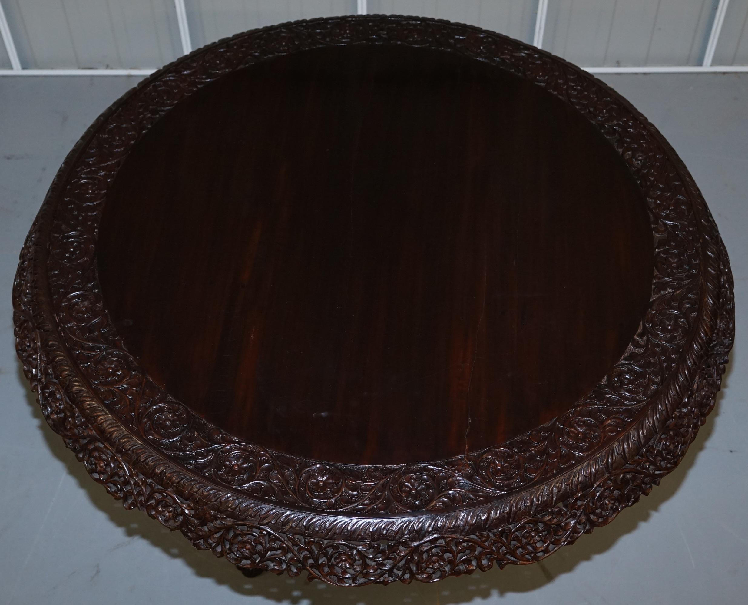 Anglo-Indian Rare 19th Century Anglo Indian Padauk Table Hand Carved Hardwood Lions & Flowers For Sale