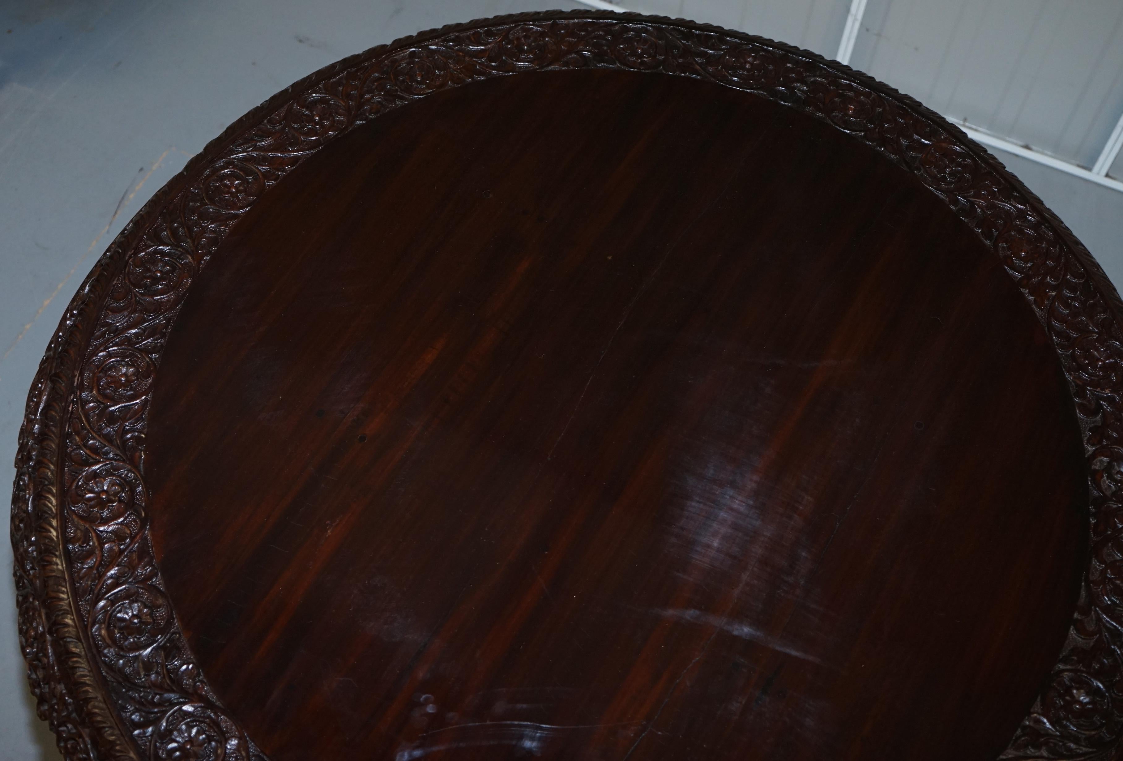 Hand-Crafted Rare 19th Century Anglo Indian Padauk Table Hand Carved Hardwood Lions & Flowers For Sale