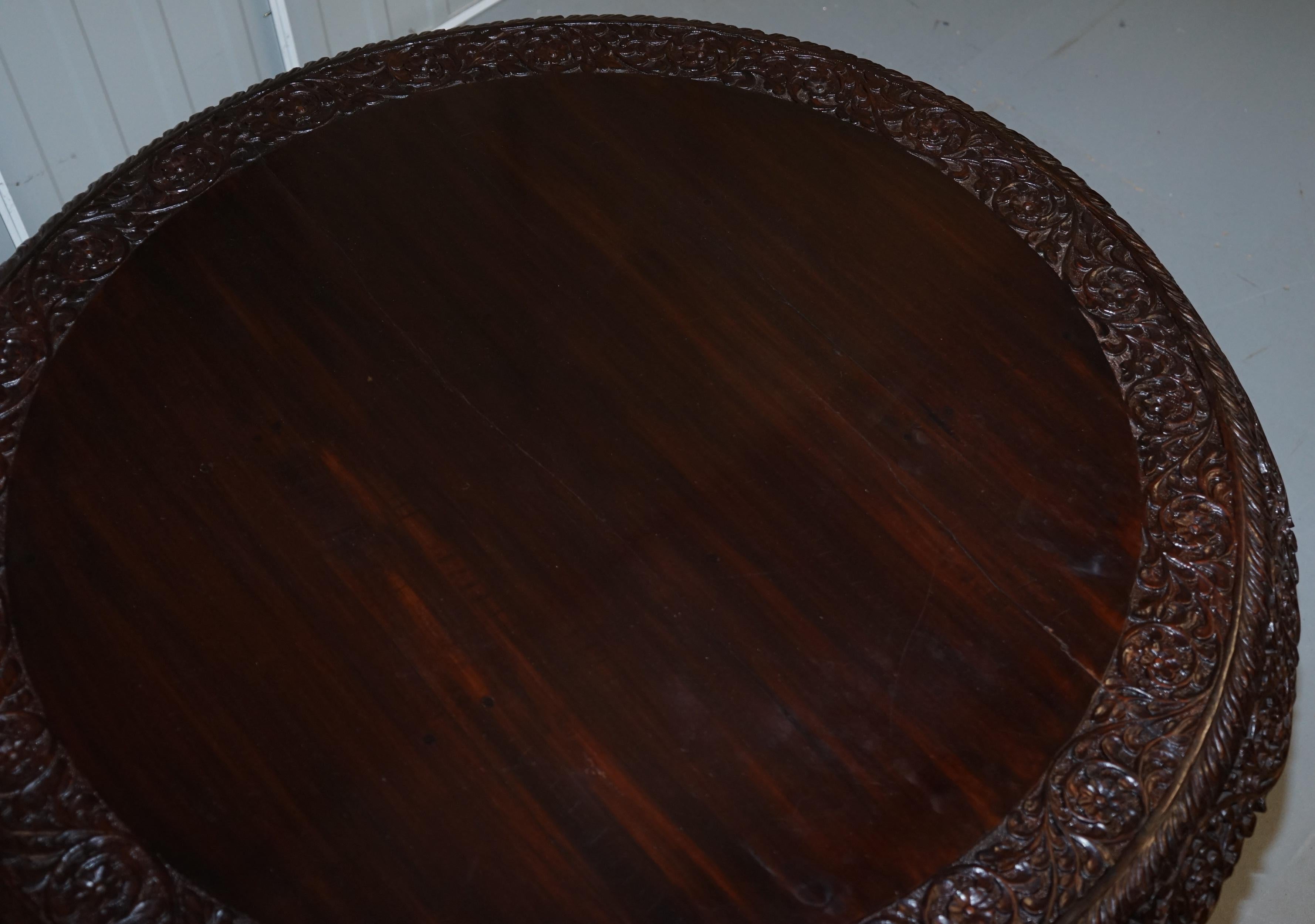 Rare 19th Century Anglo Indian Padauk Table Hand Carved Hardwood Lions & Flowers For Sale 1