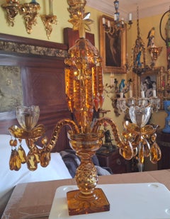 Raro 19c Antique British Georgian Amber Cut Glass/ Crystal 2 Light Candelabra